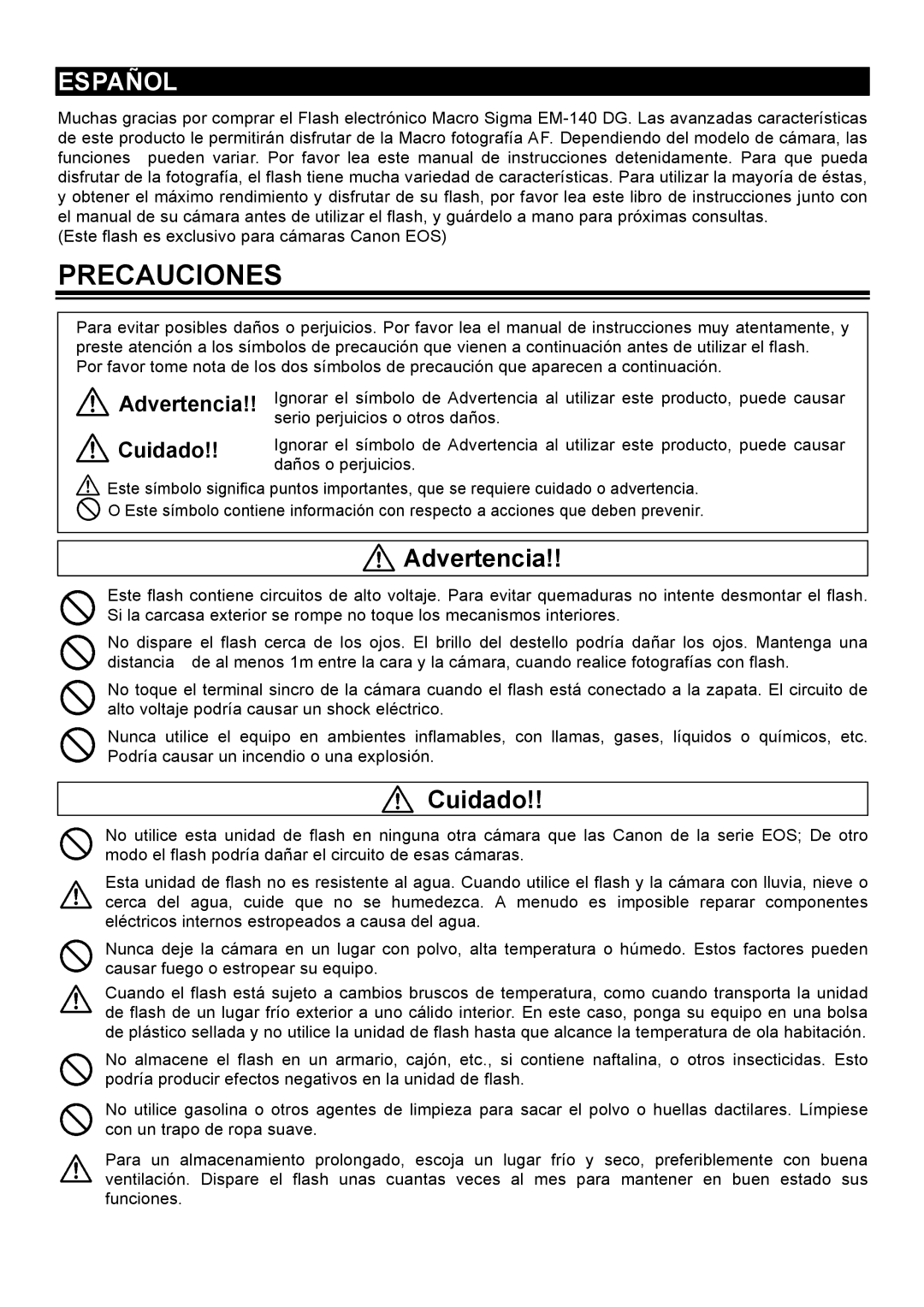 Sigma EM-140 DG manual Precauciones, Español 