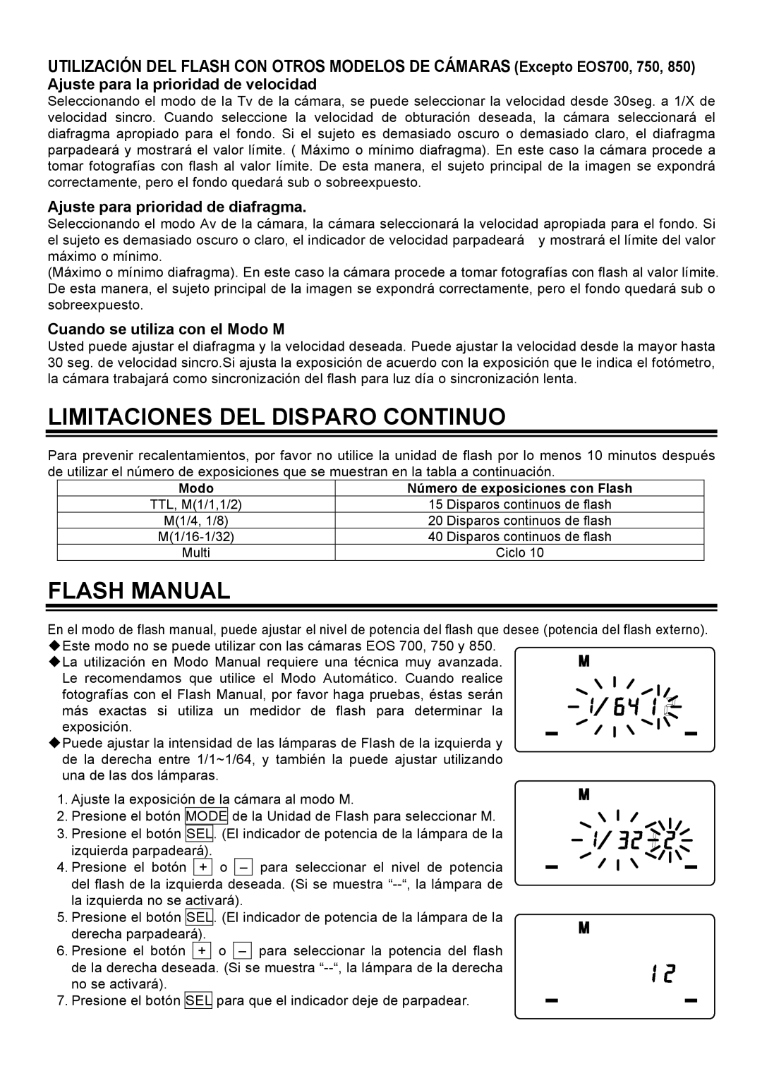 Sigma EM-140 DG manual Limitaciones DEL Disparo Continuo, Flash Manual 