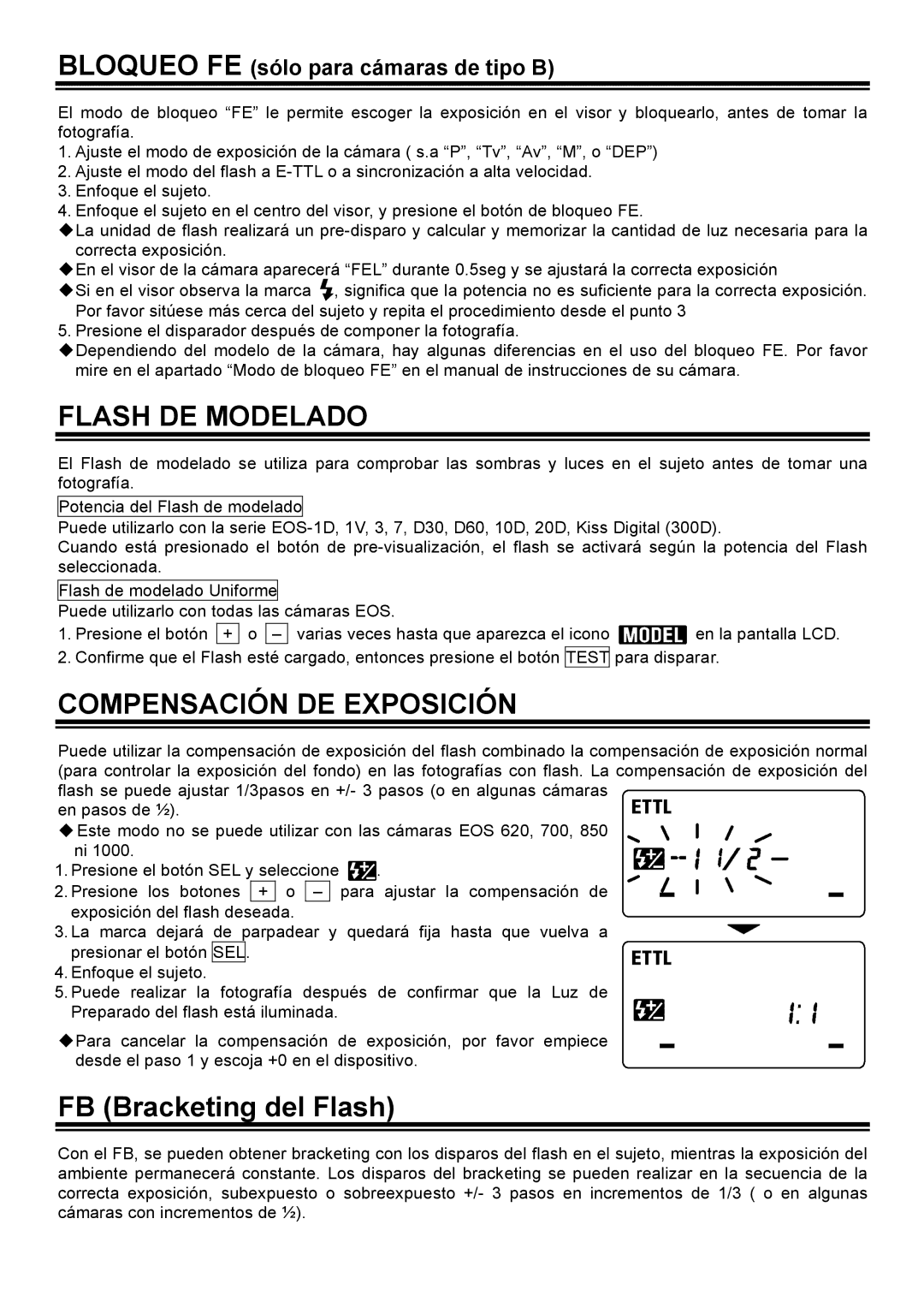 Sigma EM-140 DG manual Flash DE Modelado, Compensación DE Exposición, FB Bracketing del Flash 