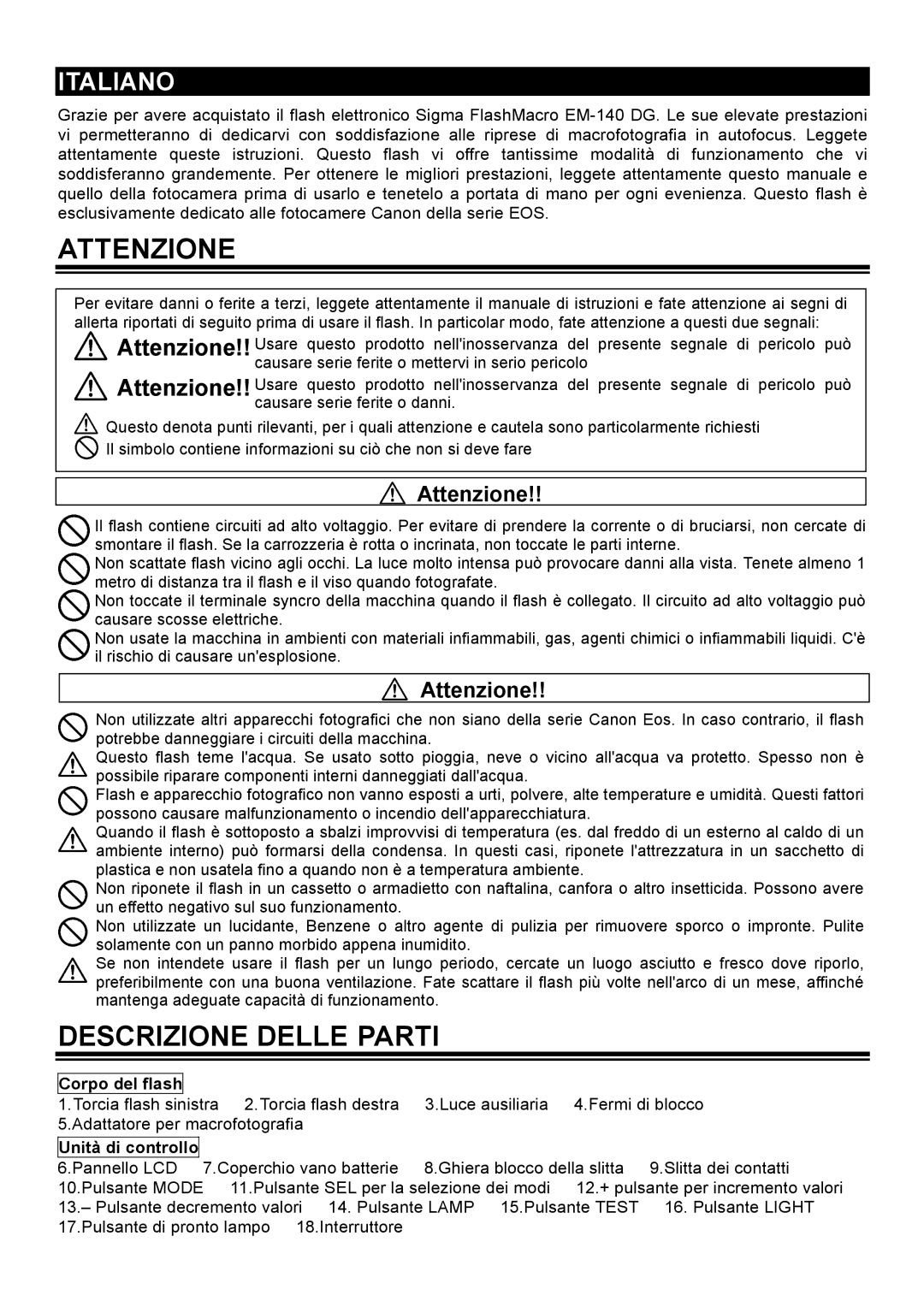 Sigma EM-140 DG manual Attenzione, Descrizione Delle Parti 