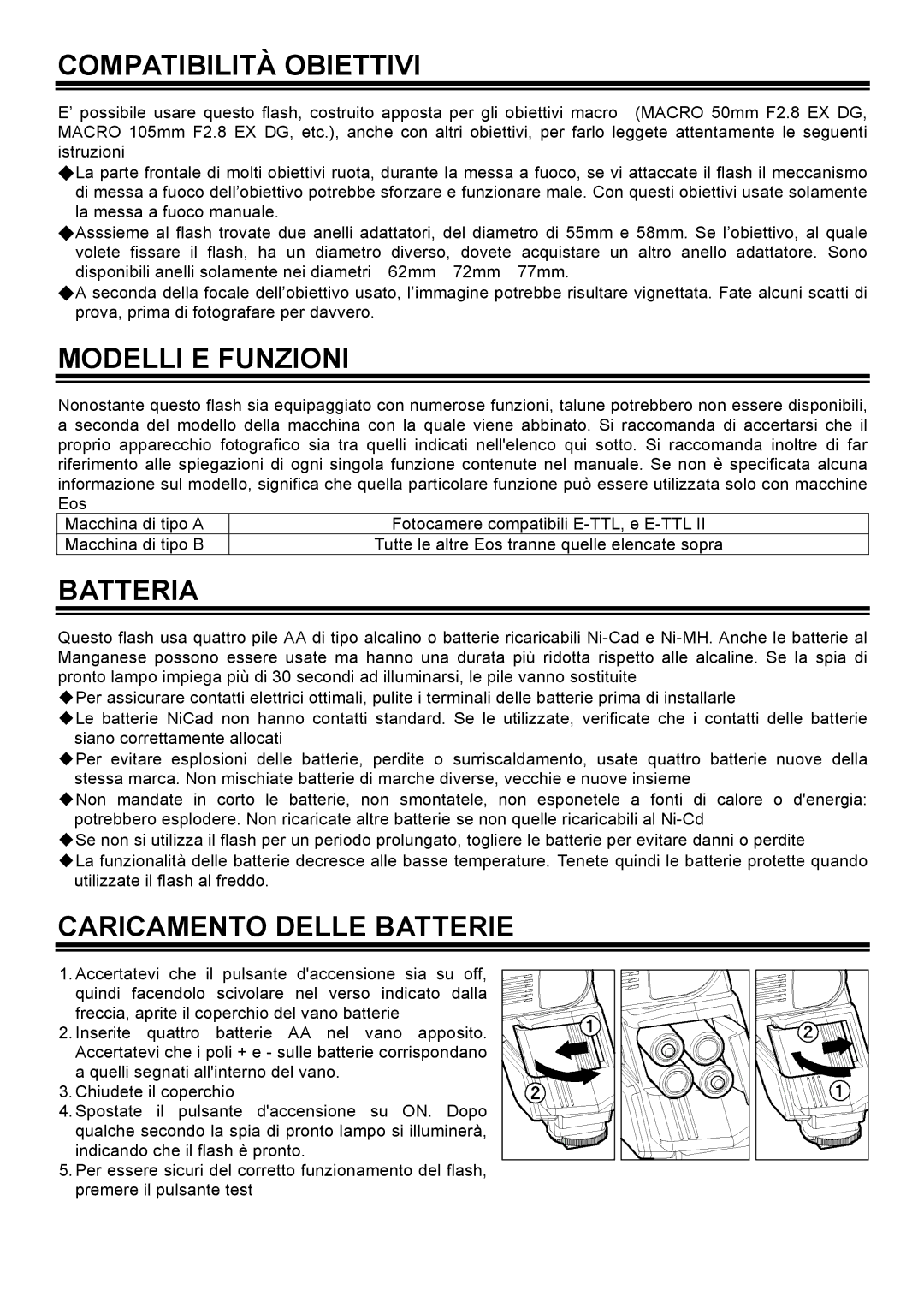 Sigma EM-140 DG manual Compatibilità Obiettivi, Modelli E Funzioni, Batteria, Caricamento Delle Batterie 