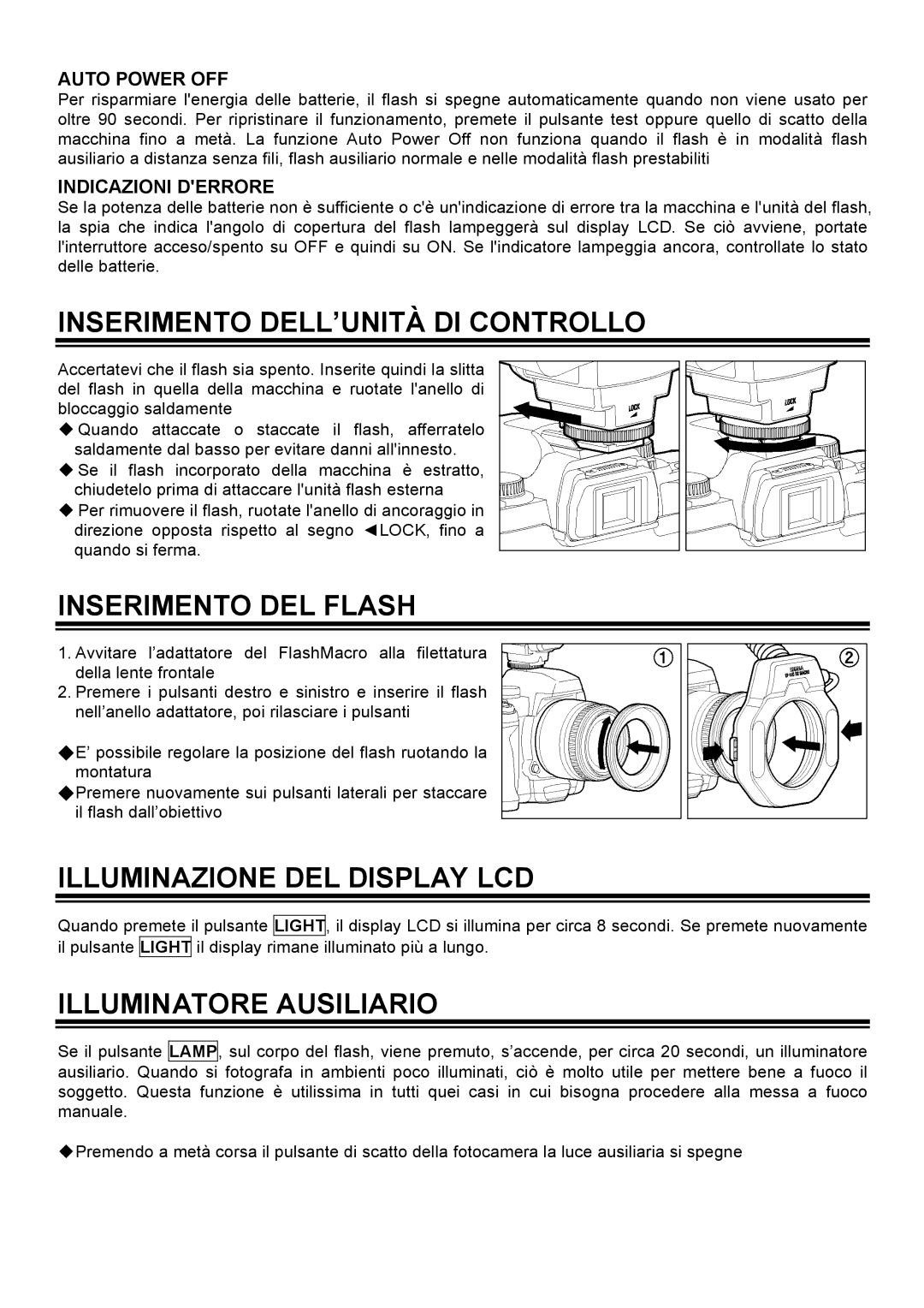 Sigma EM-140 DG manual Inserimento DELL’UNITÀ DI Controllo, Inserimento DEL Flash, Illuminazione DEL Display LCD 