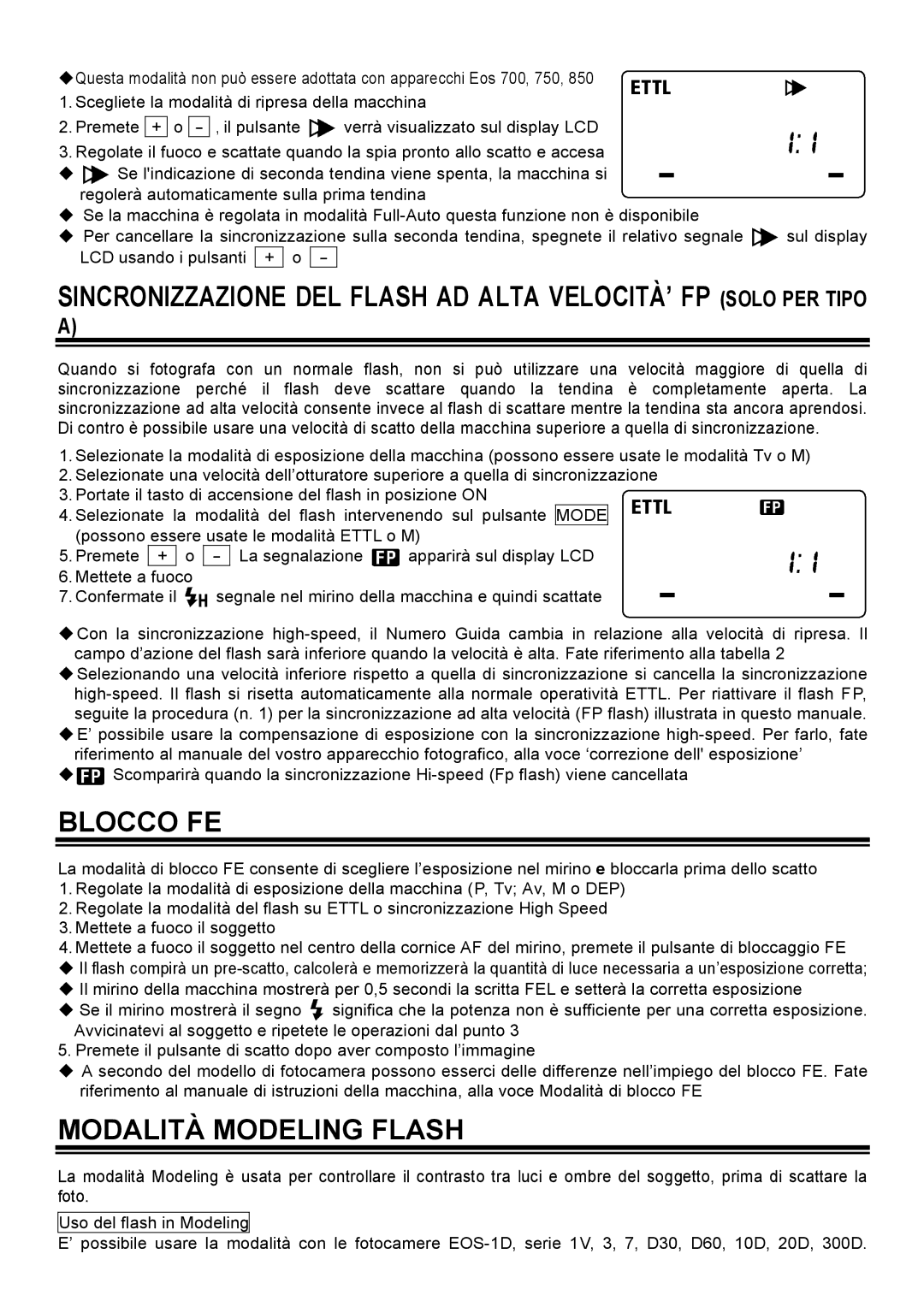 Sigma EM-140 DG manual Blocco FE, Modalità Modeling Flash 