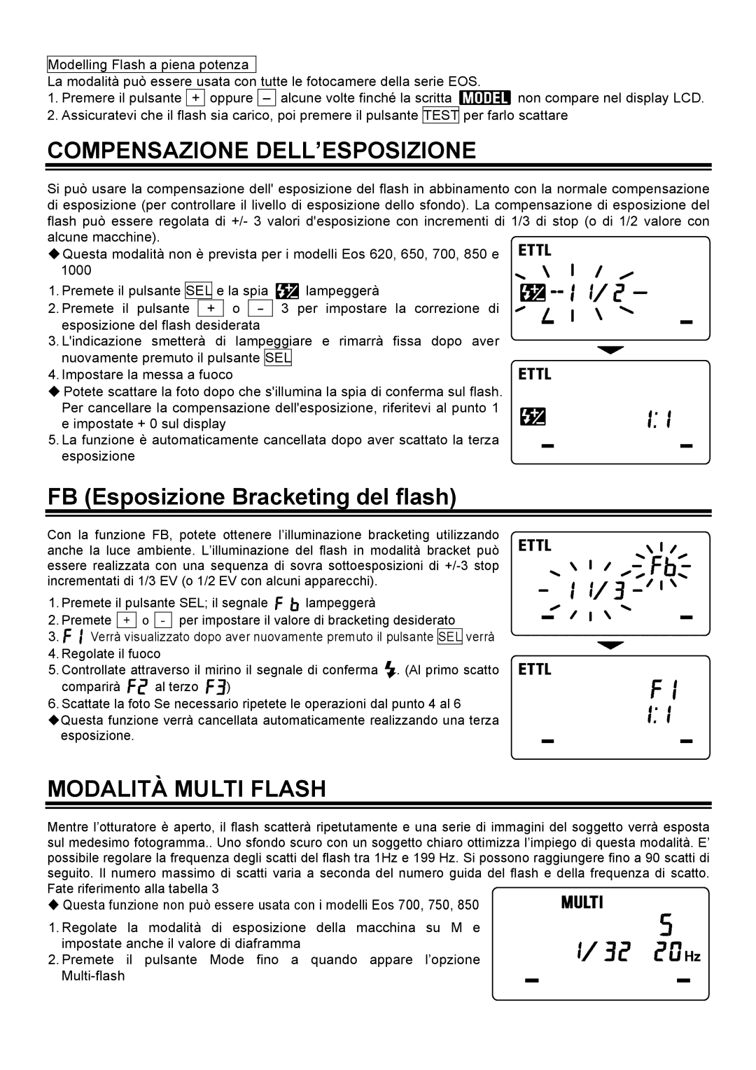 Sigma EM-140 DG manual Compensazione DELL’ESPOSIZIONE, FB Esposizione Bracketing del flash, Modalità Multi Flash 