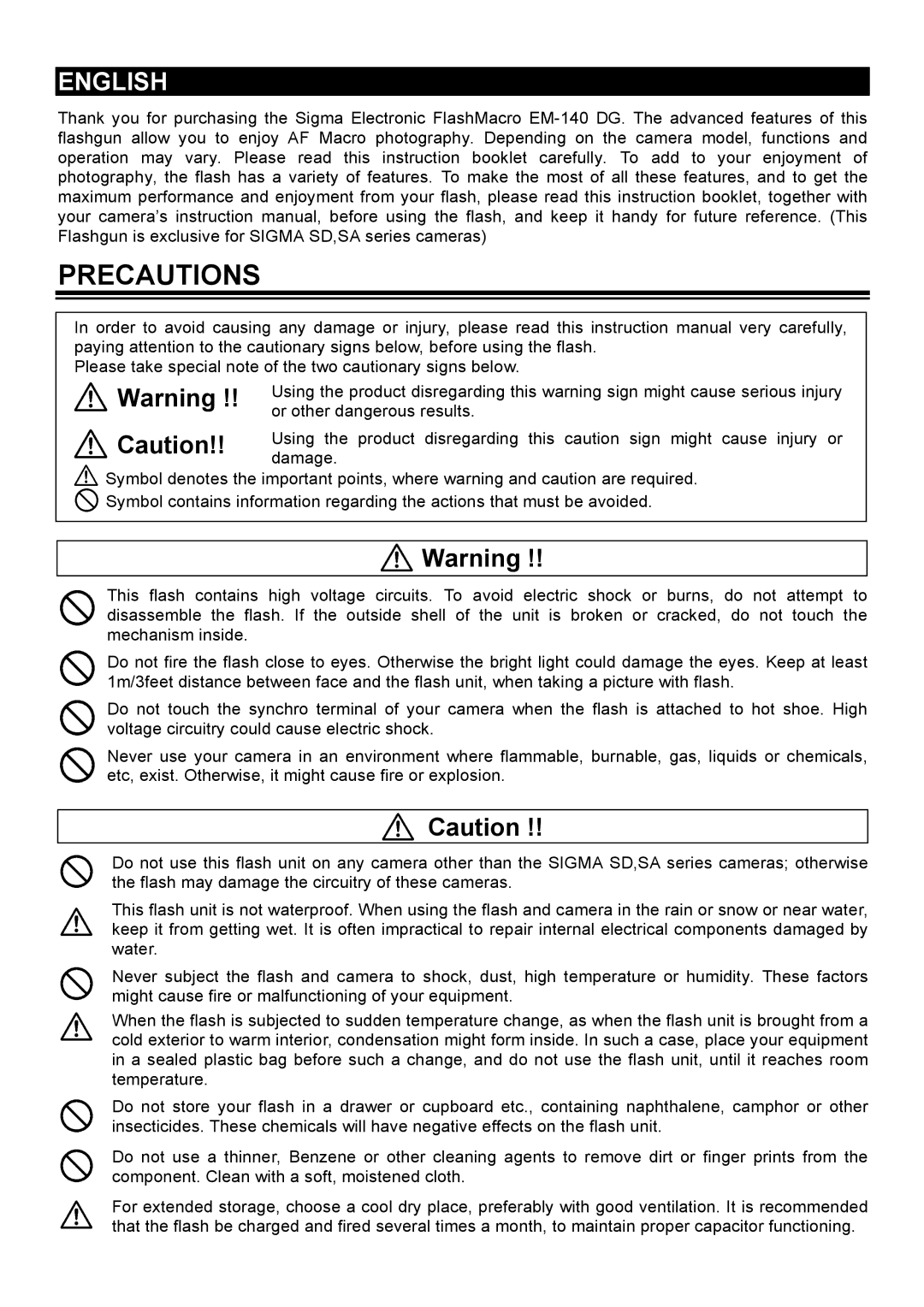 Sigma EM-140DG manual Precautions 