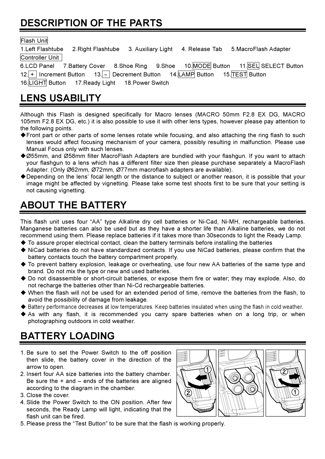 Sigma EM-140DG manual Description of the Parts, Lens Usability, About the Battery, Battery Loading 