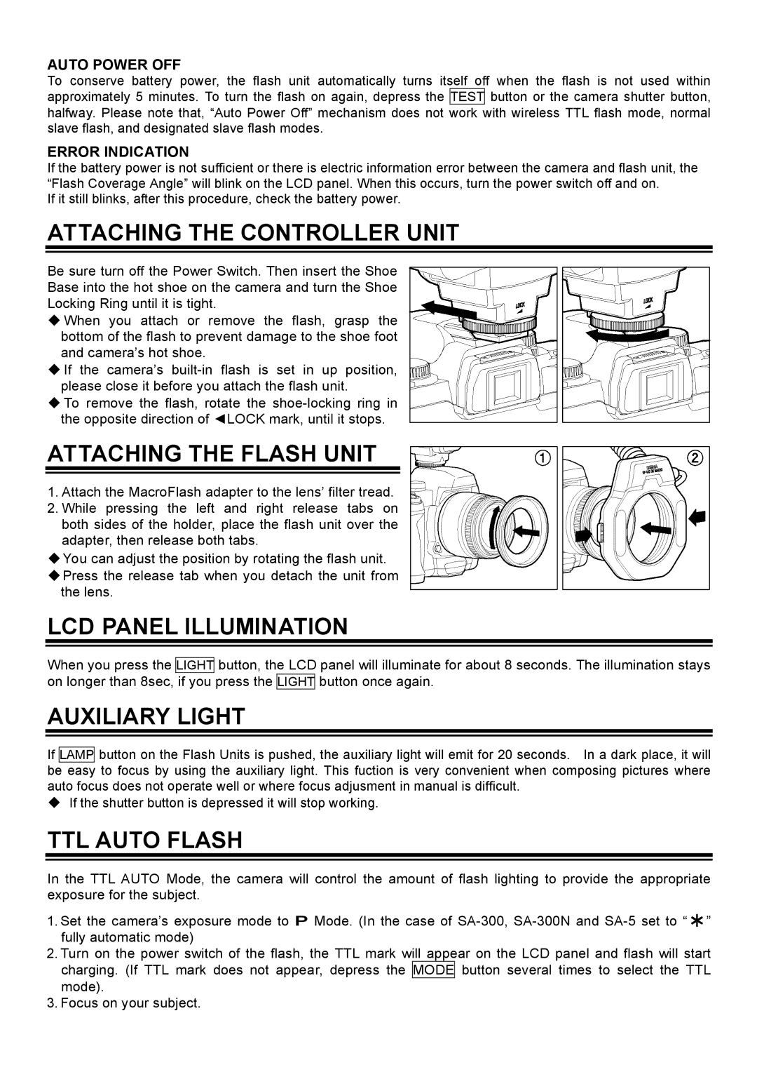 Sigma EM-140DG manual Attaching the Controller Unit, Attaching the Flash Unit, LCD Panel Illumination, Auxiliary Light 