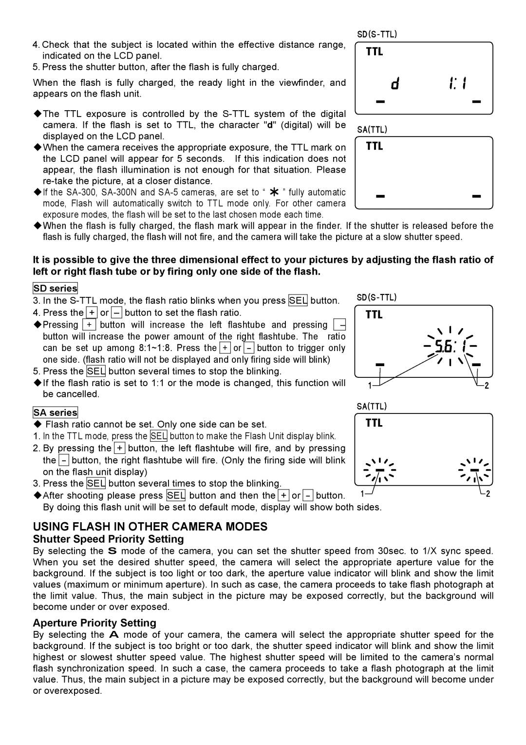 Sigma EM-140DG manual Shutter Speed Priority Setting, Aperture Priority Setting, SD series, SA series 