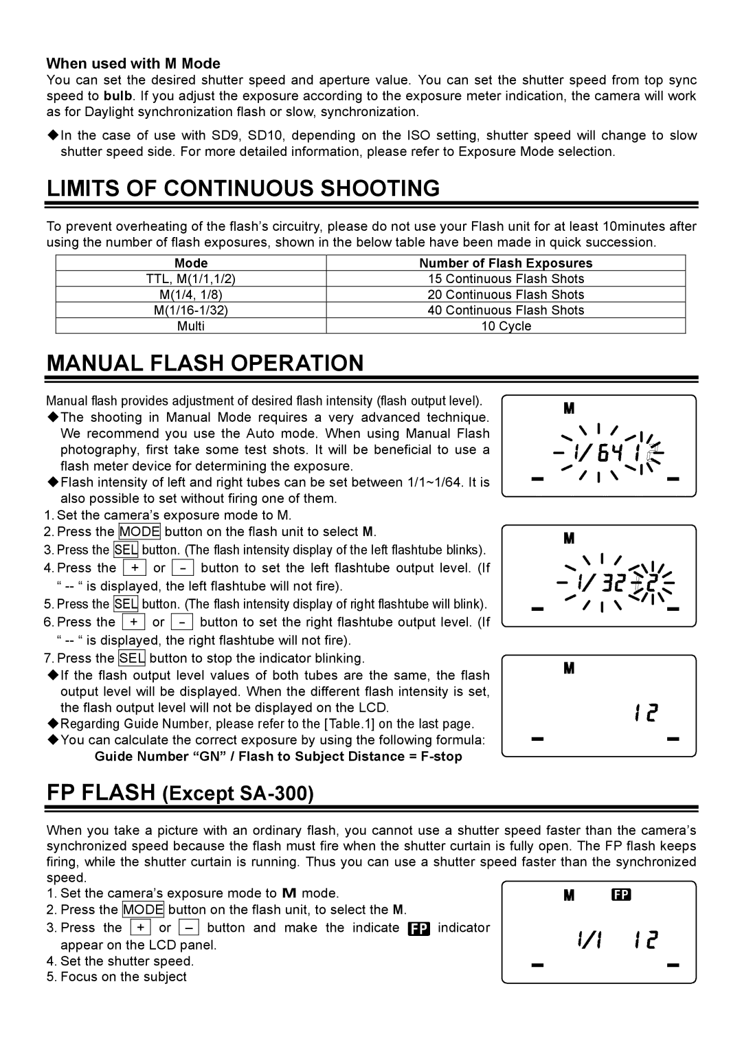 Sigma EM-140DG manual Limits of Continuous Shooting, Manual Flash Operation, When used with M Mode 