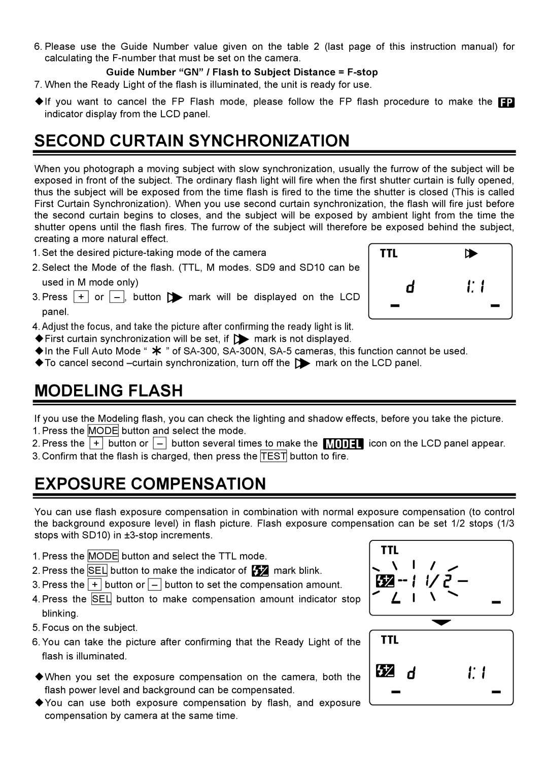 Sigma EM-140DG manual Second Curtain Synchronization, Modeling Flash, Exposure Compensation 