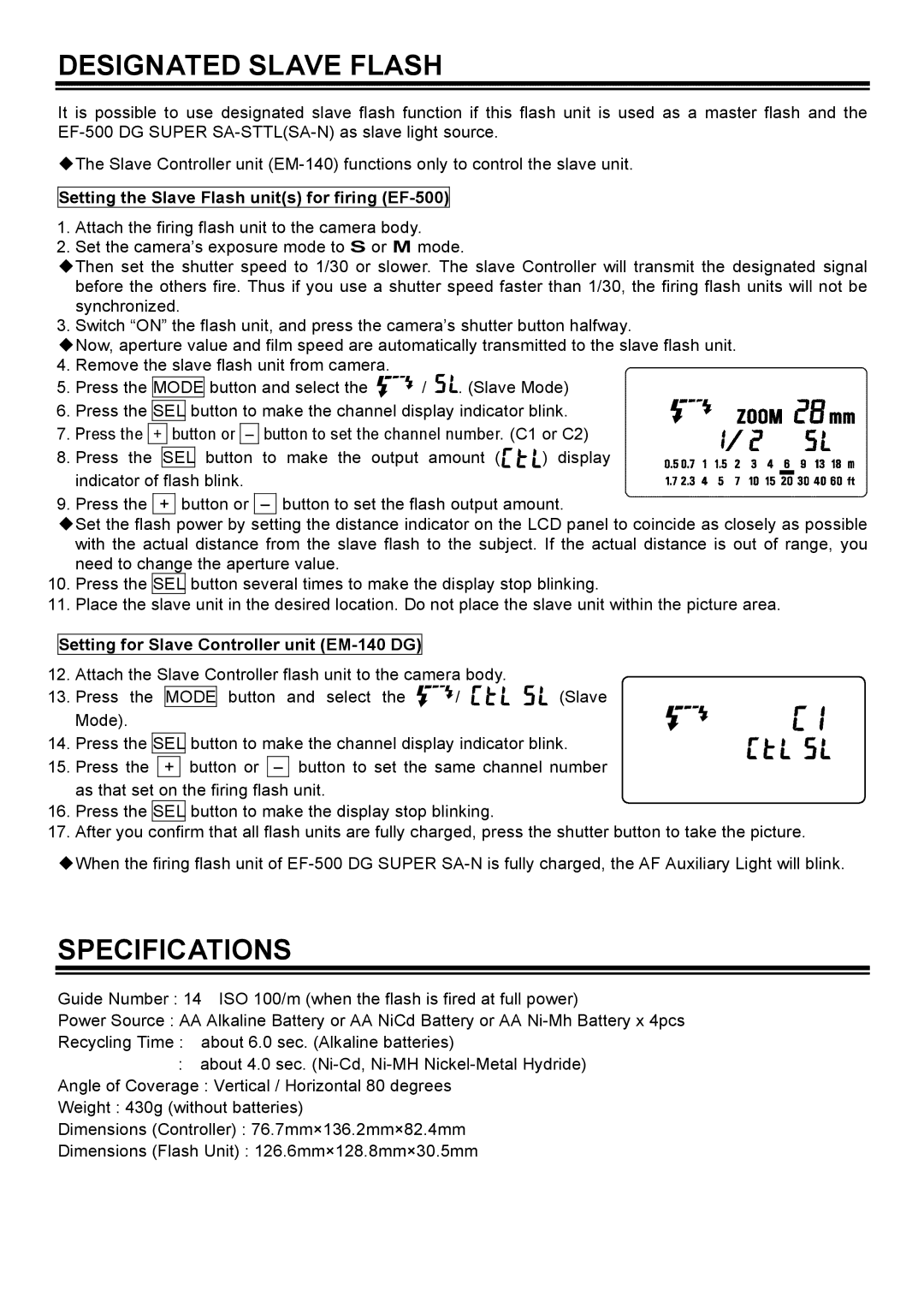 Sigma EM-140DG manual Designated Slave Flash, Specifications, Setting the Slave Flash units for firing EF-500 