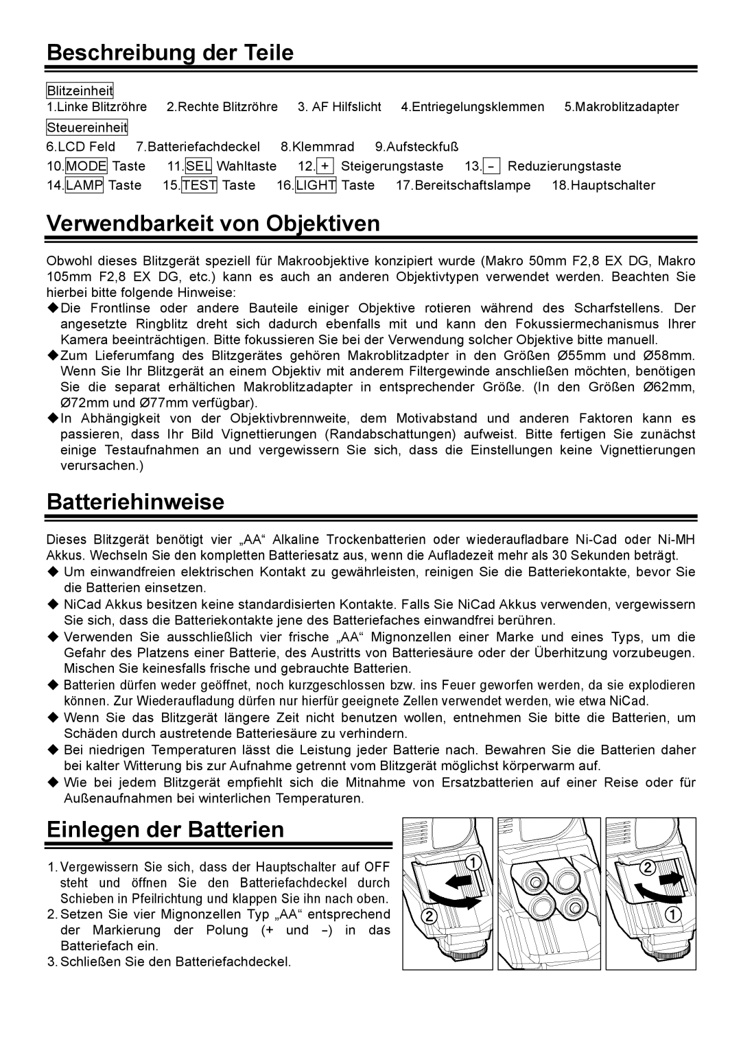 Sigma EM-140DG manual Beschreibung der Teile, Verwendbarkeit von Objektiven, Batteriehinweise, Einlegen der Batterien 