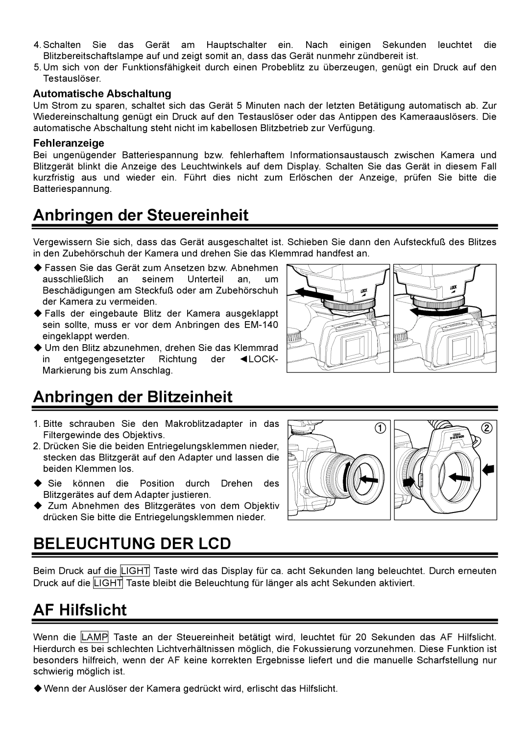 Sigma EM-140DG manual Anbringen der Steuereinheit, Anbringen der Blitzeinheit, Beleuchtung DER LCD, AF Hilfslicht 