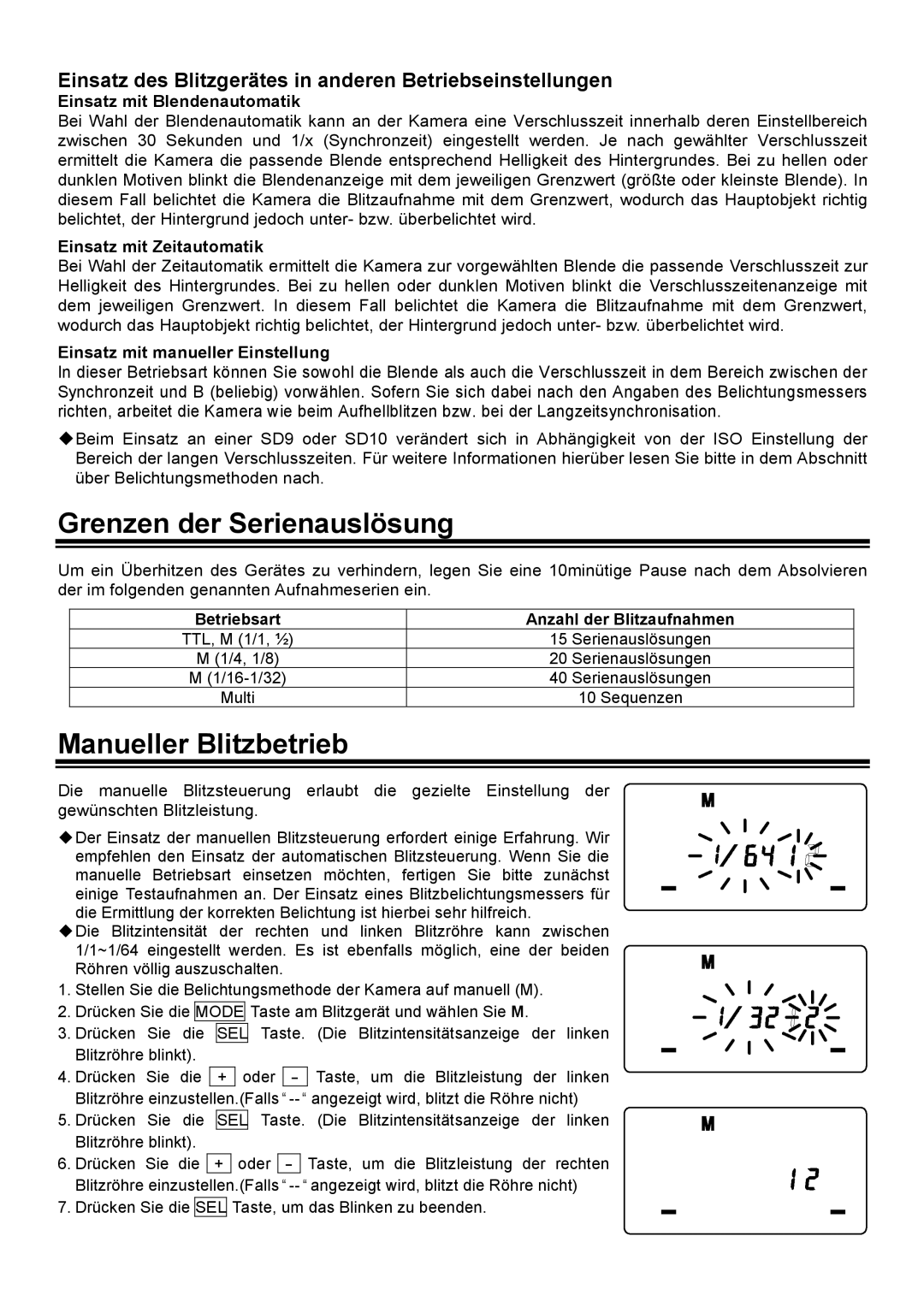 Sigma EM-140DG manual Grenzen der Serienauslösung, Manueller Blitzbetrieb 