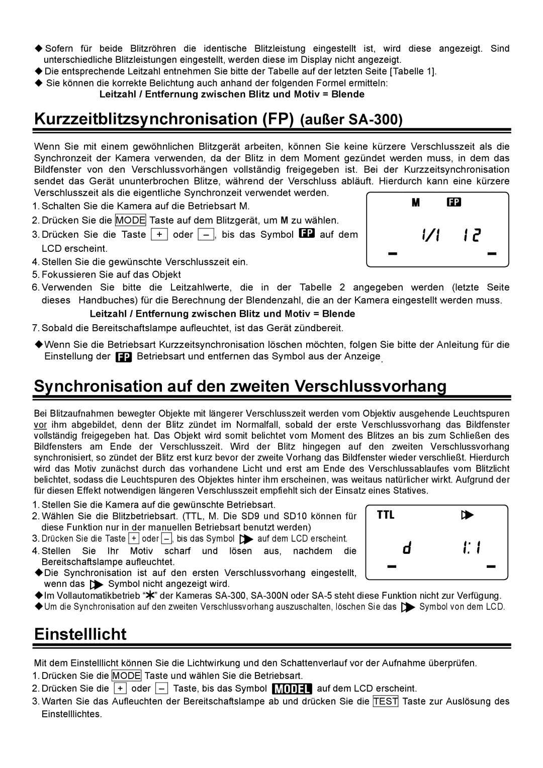 Sigma EM-140DG manual Kurzzeitblitzsynchronisation FP außer SA-300, Synchronisation auf den zweiten Verschlussvorhang 