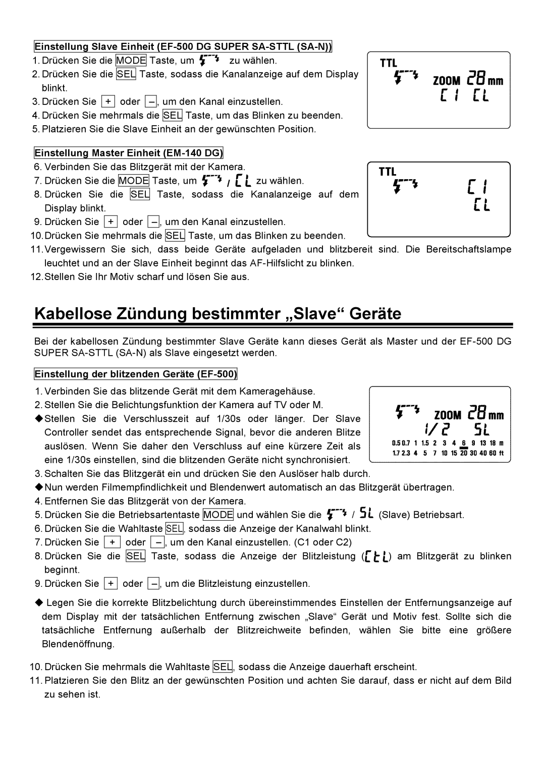 Sigma EM-140DG manual Kabellose Zündung bestimmter „Slave Geräte, Einstellung Slave Einheit EF-500 DG Super SA-STTL SA-N 