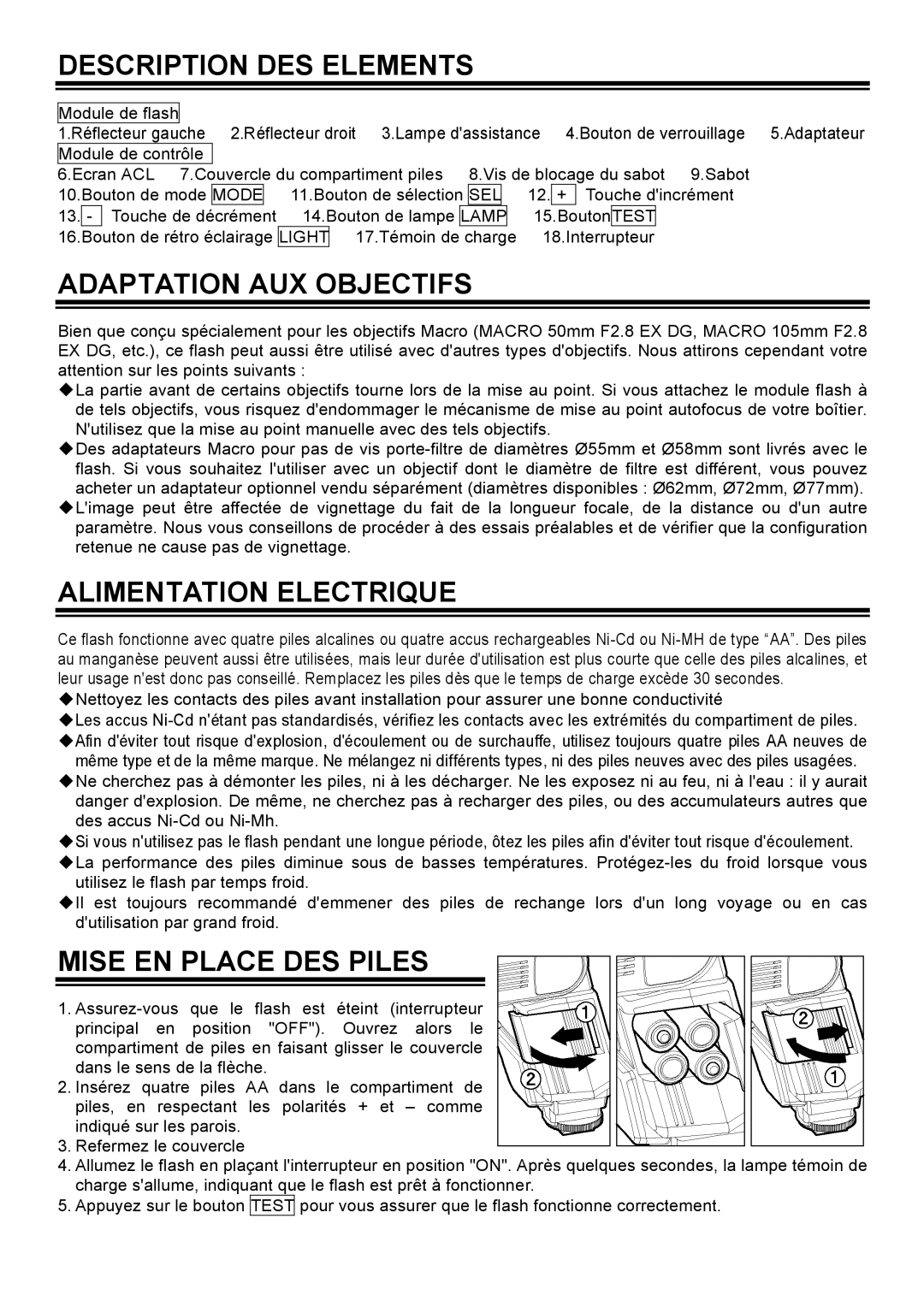 Sigma EM-140DG manual Description DES Elements, Adaptation AUX Objectifs, Alimentation Electrique, Mise EN Place DES Piles 