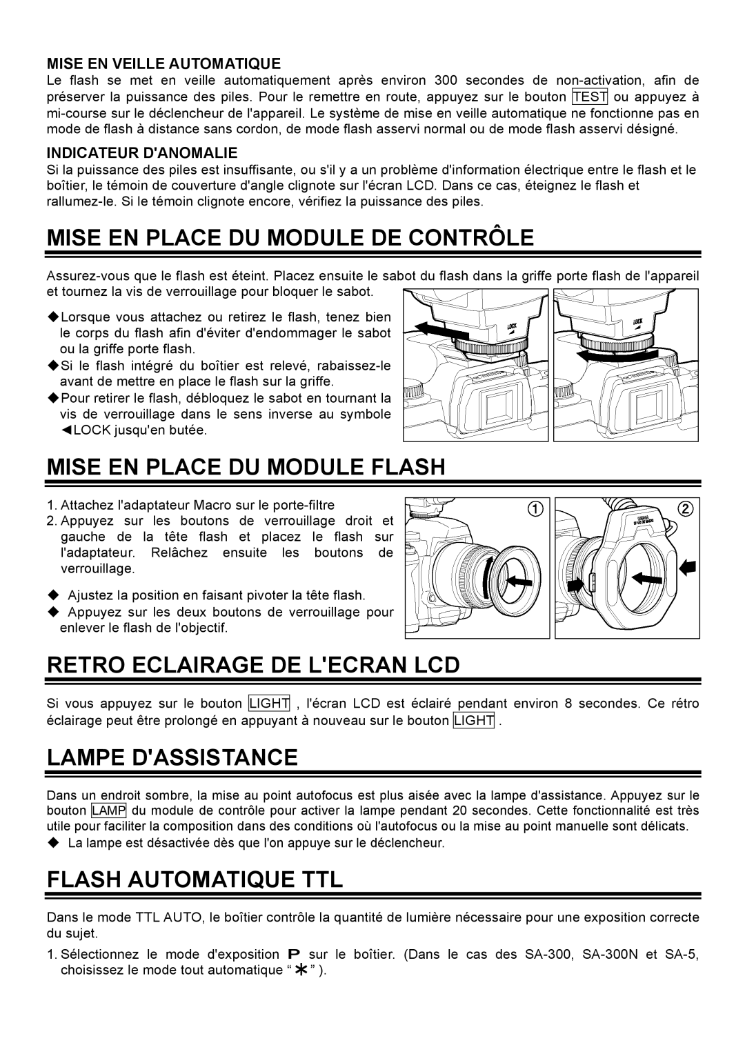 Sigma EM-140DG manual Mise EN Place DU Module DE Contrôle, Mise EN Place DU Module Flash, Retro Eclairage DE Lecran LCD 