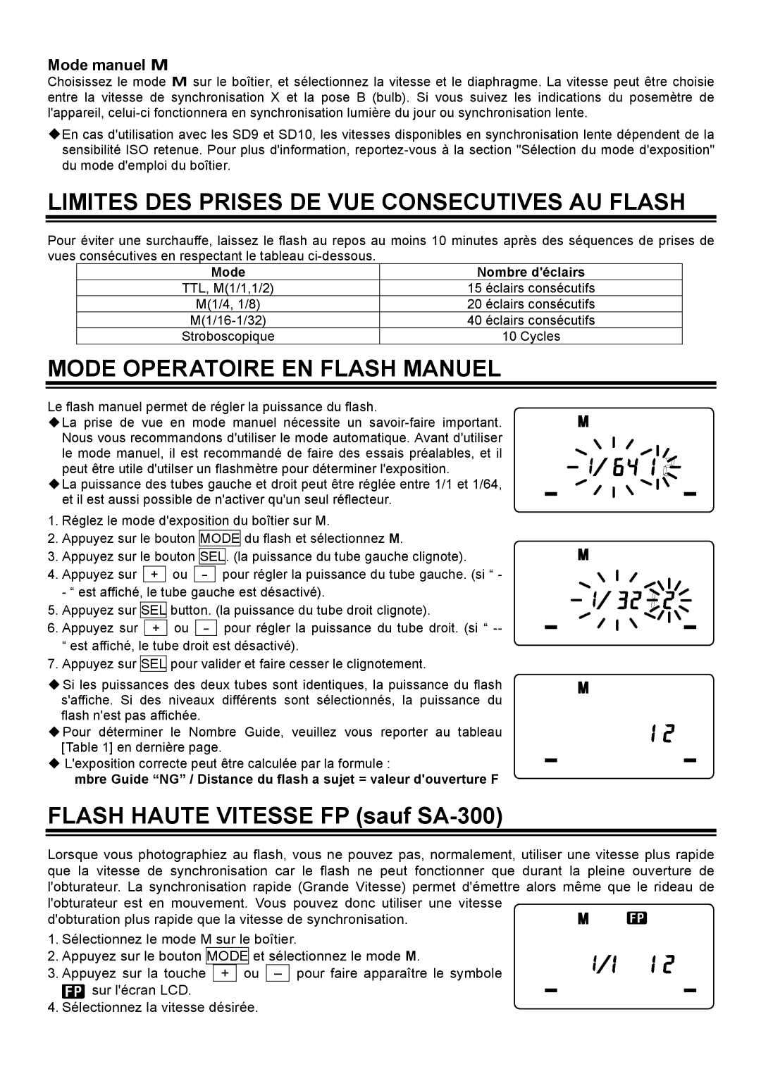 Sigma EM-140DG manual Limites DES Prises DE VUE Consecutives AU Flash, Mode Operatoire EN Flash Manuel, Mode manuel M 