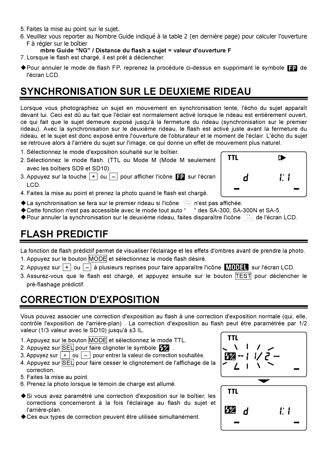 Sigma EM-140DG manual Synchronisation SUR LE Deuxieme Rideau, Flash Predictif, Correction Dexposition 