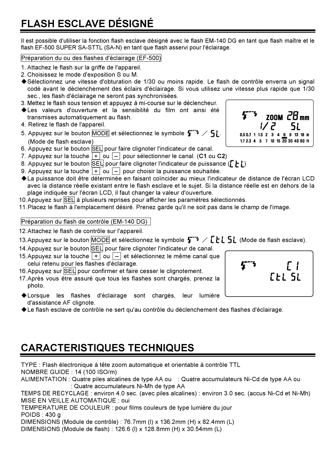 Sigma EM-140DG manual Flash Esclave Désigné, Caracteristiques Techniques 