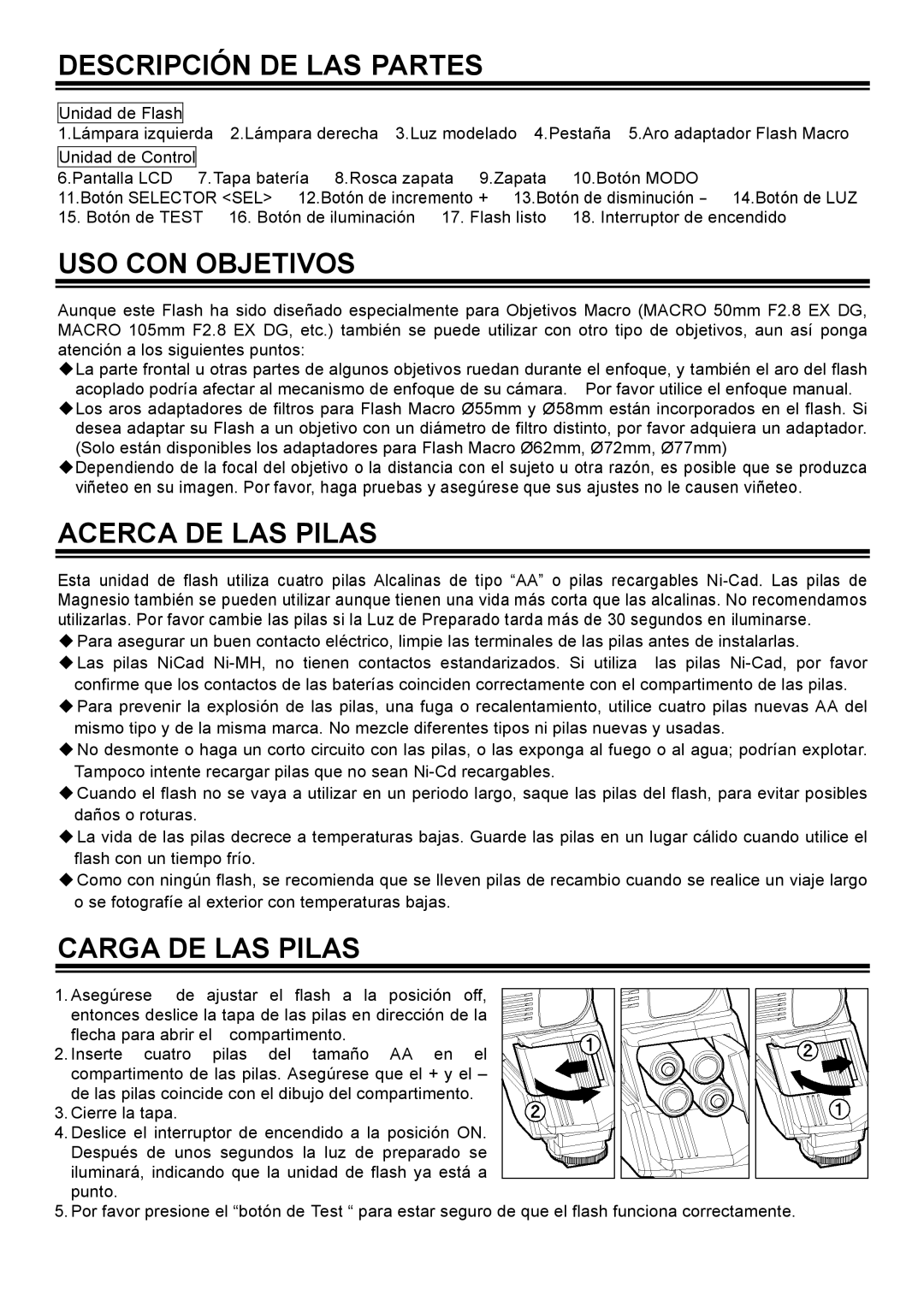 Sigma EM-140DG manual Descripción DE LAS Partes, USO CON Objetivos, Acerca DE LAS Pilas, Carga DE LAS Pilas 