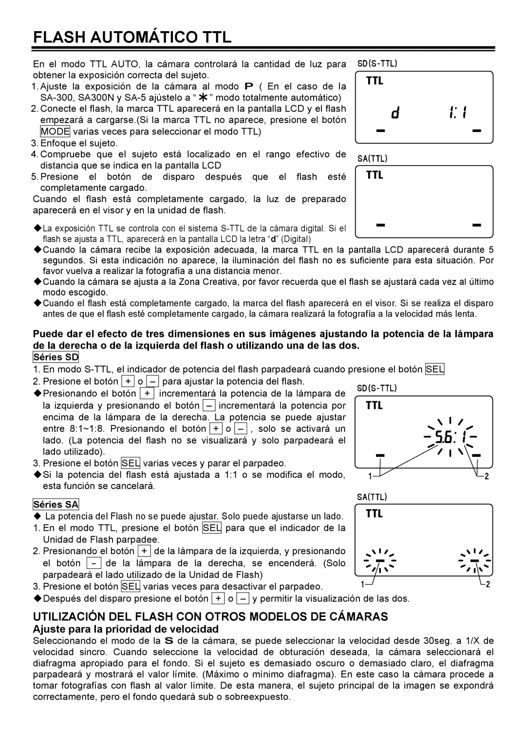 Sigma EM-140DG manual Flash Automático TTL, Ajuste para la prioridad de velocidad, Séries SD, Séries SA 