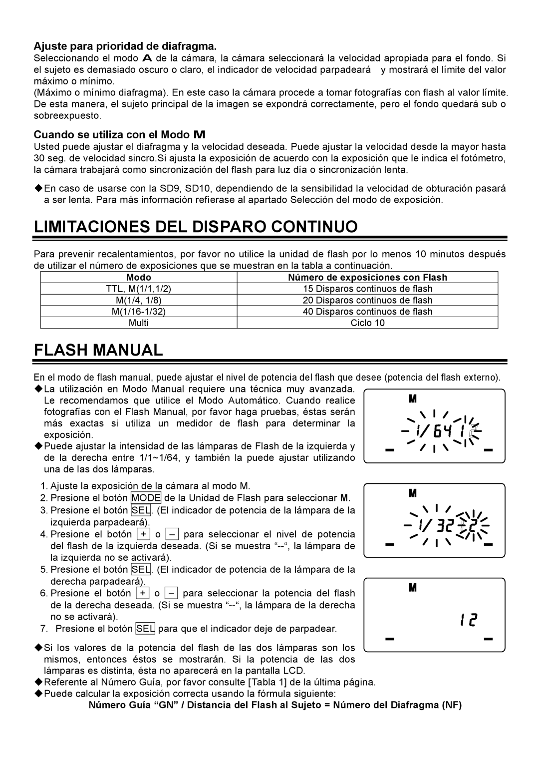 Sigma EM-140DG manual Limitaciones DEL Disparo Continuo, Flash Manual, Ajuste para prioridad de diafragma 