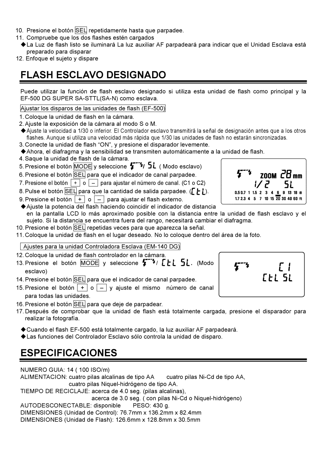 Sigma EM-140DG manual Flash Esclavo Designado, Especificaciones 