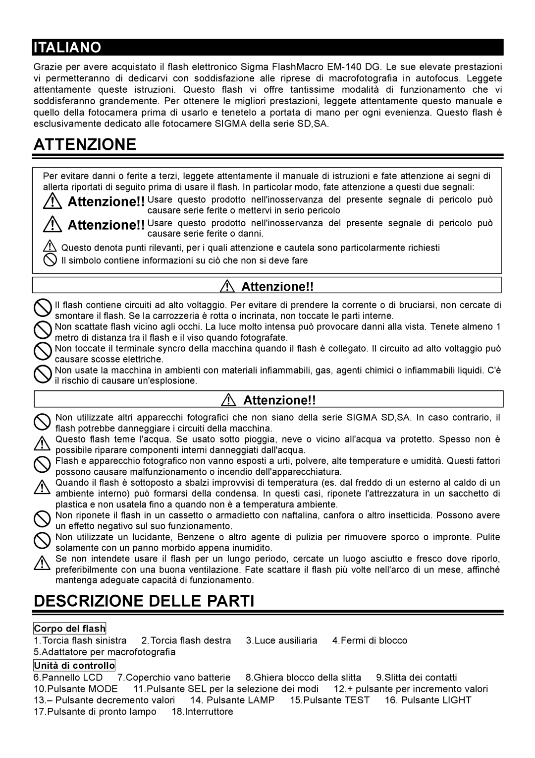 Sigma EM-140DG manual Attenzione, Descrizione Delle Parti, Unità di controllo 