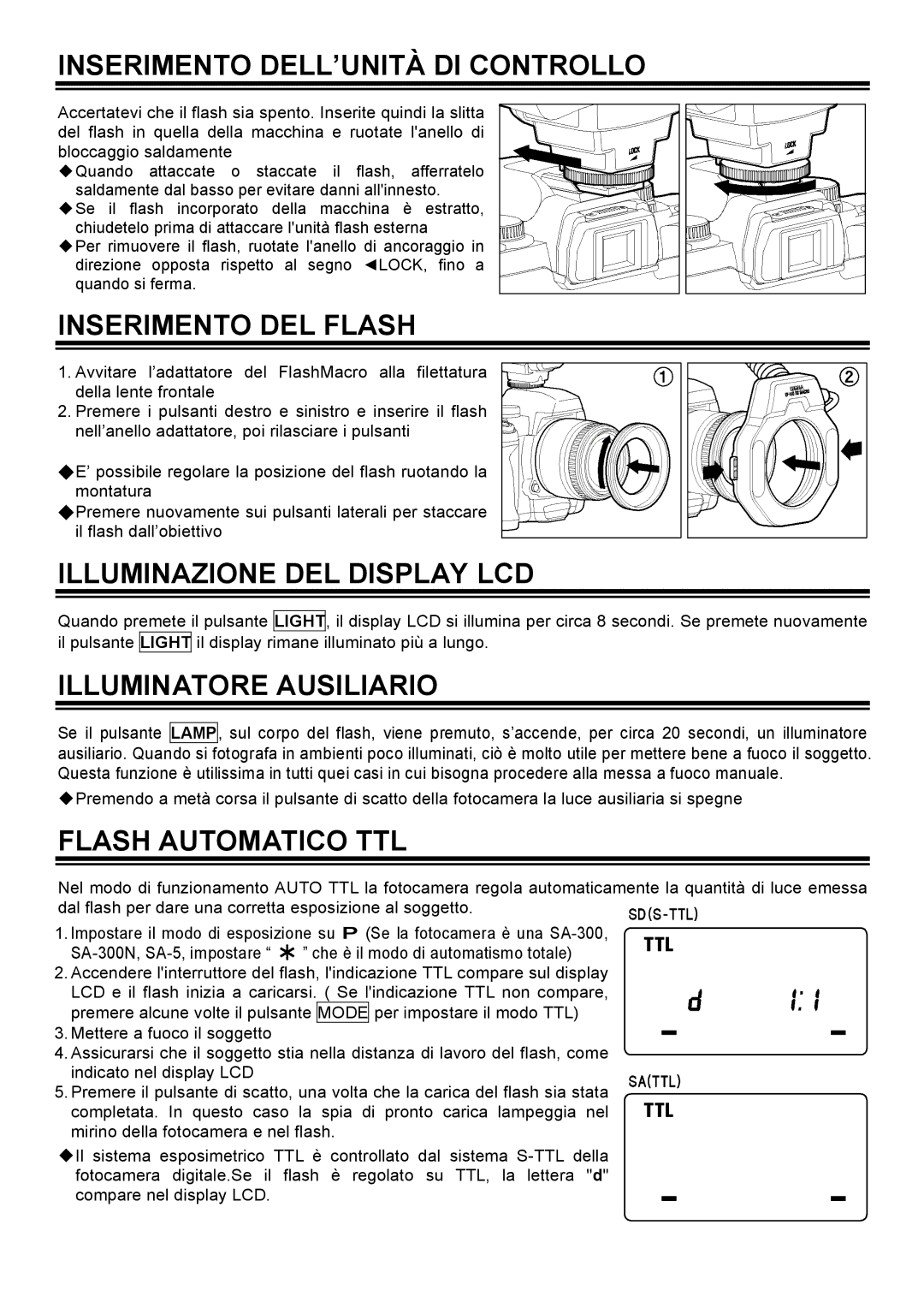 Sigma EM-140DG manual Inserimento DELL’UNITÀ DI Controllo, Inserimento DEL Flash, Illuminazione DEL Display LCD 