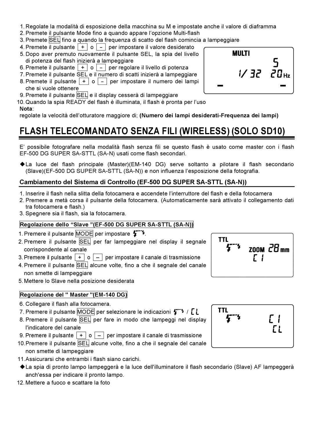 Sigma EM-140DG manual Regolazione dello Slave EF-500 DG Super SA-STTL SA-N, Regolazione del Master EM-140 DG 