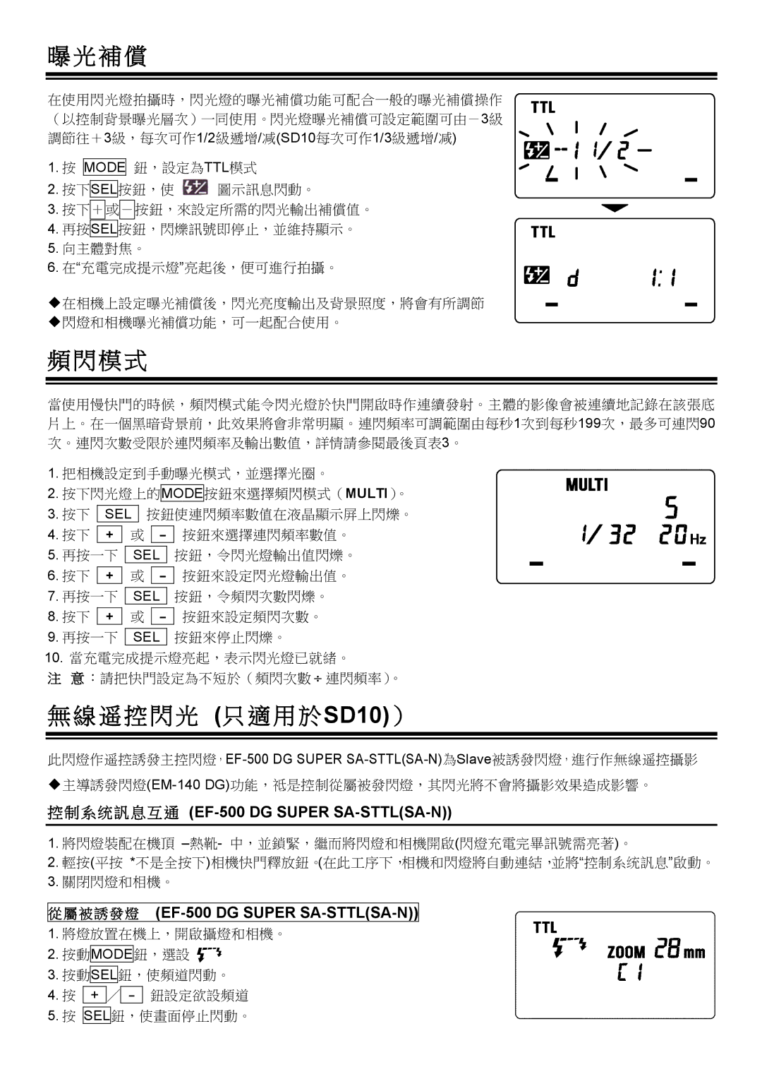 Sigma EM-140DG 補 償, 模 式, 控 閃 光 只 適 用 於 SD10）, 系 息 互 通 EF-500 DG Super SA-STTLSA-N, 被 誘 發 燈  EF-500 DG Super SA-STTLSA-N 