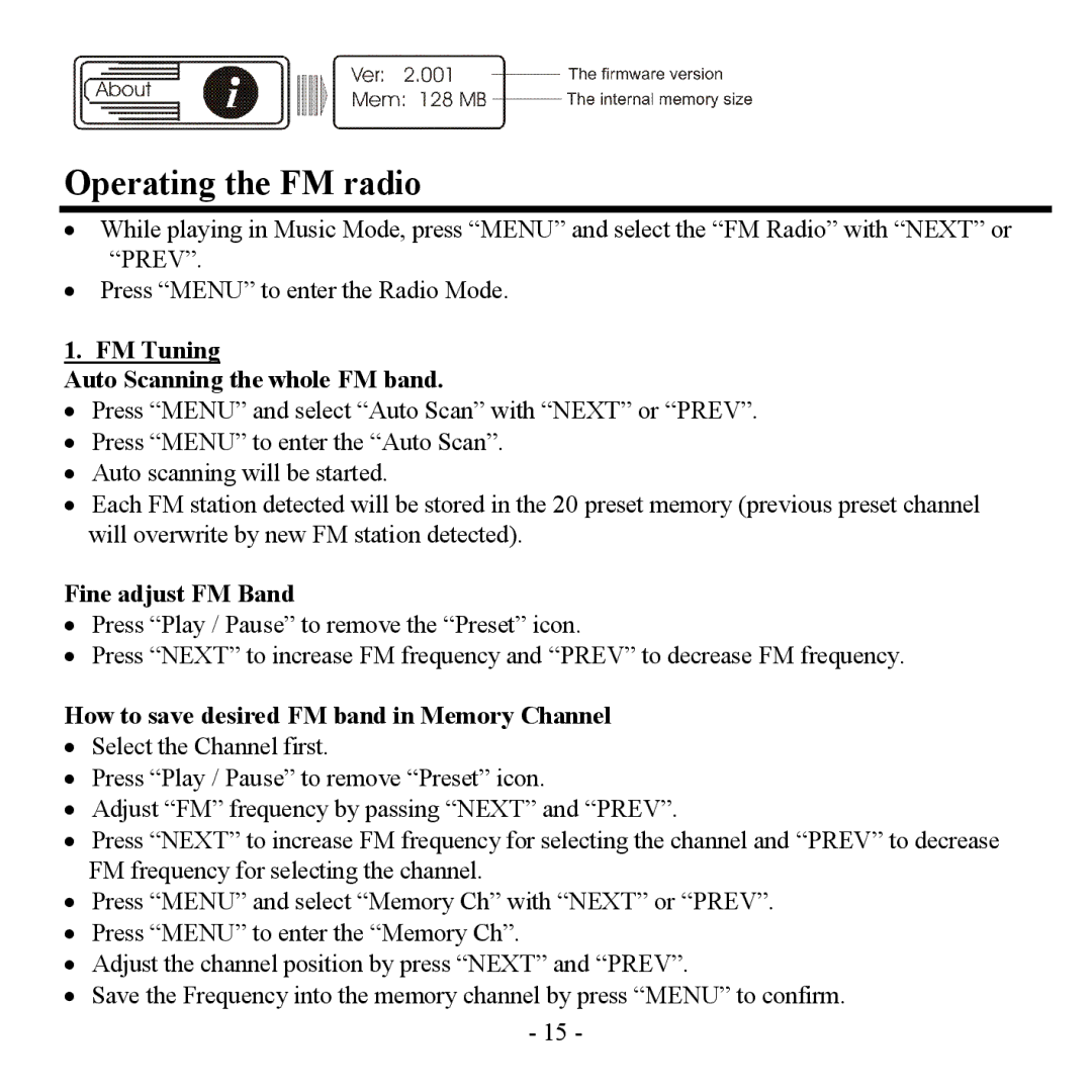 Sigma H- F1381 instruction manual Operating the FM radio, FM Tuning Auto Scanning the whole FM band, Fine adjust FM Band 