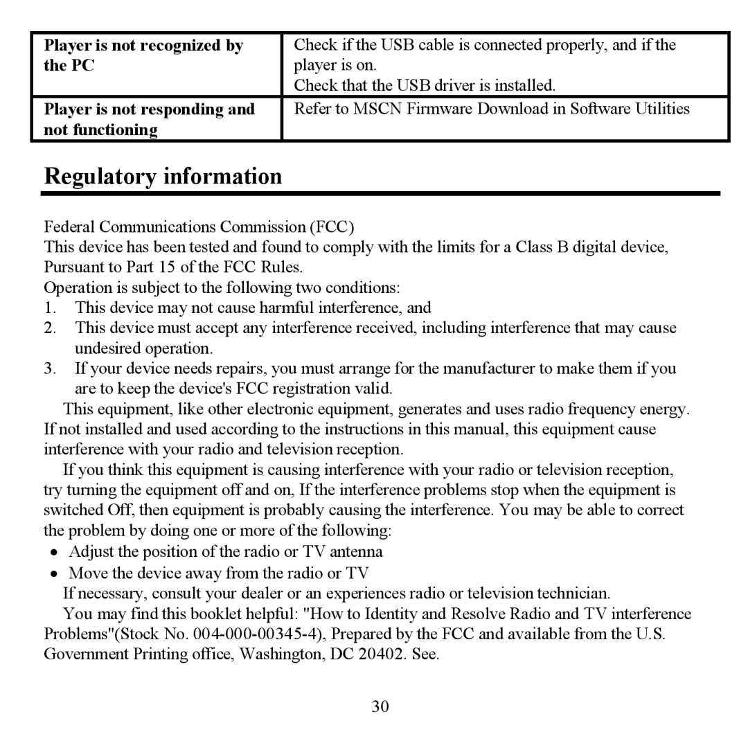 Sigma H- F1381 instruction manual Regulatory information, Player is not recognized by, Not functioning 