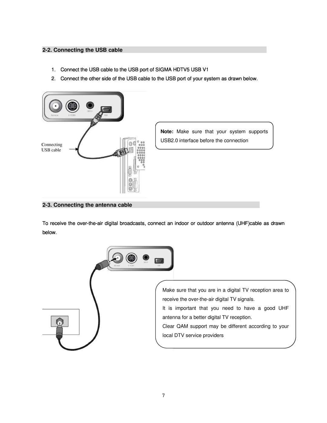 Sigma HDTV5 user manual Connecting the USB cable, Connecting the antenna cable 
