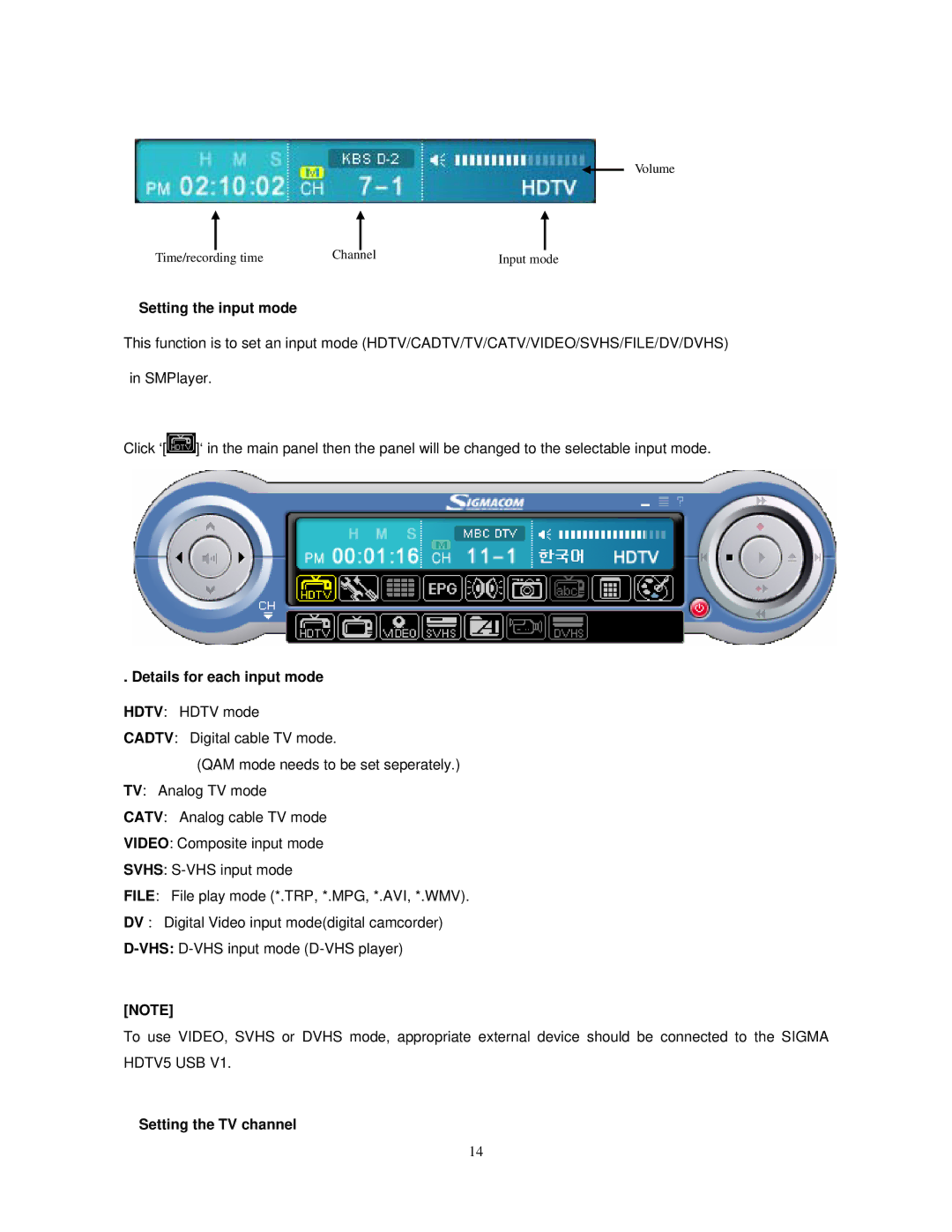 Sigma HDTV5 user manual Setting the input mode, Details for each input mode, Setting the TV channel 