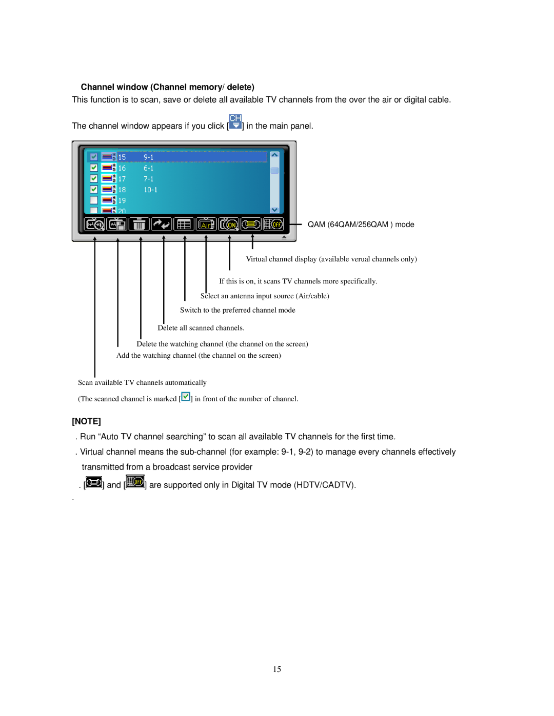 Sigma HDTV5 user manual Channel window Channel memory/ delete, QAM 64QAM/256QAM mode 