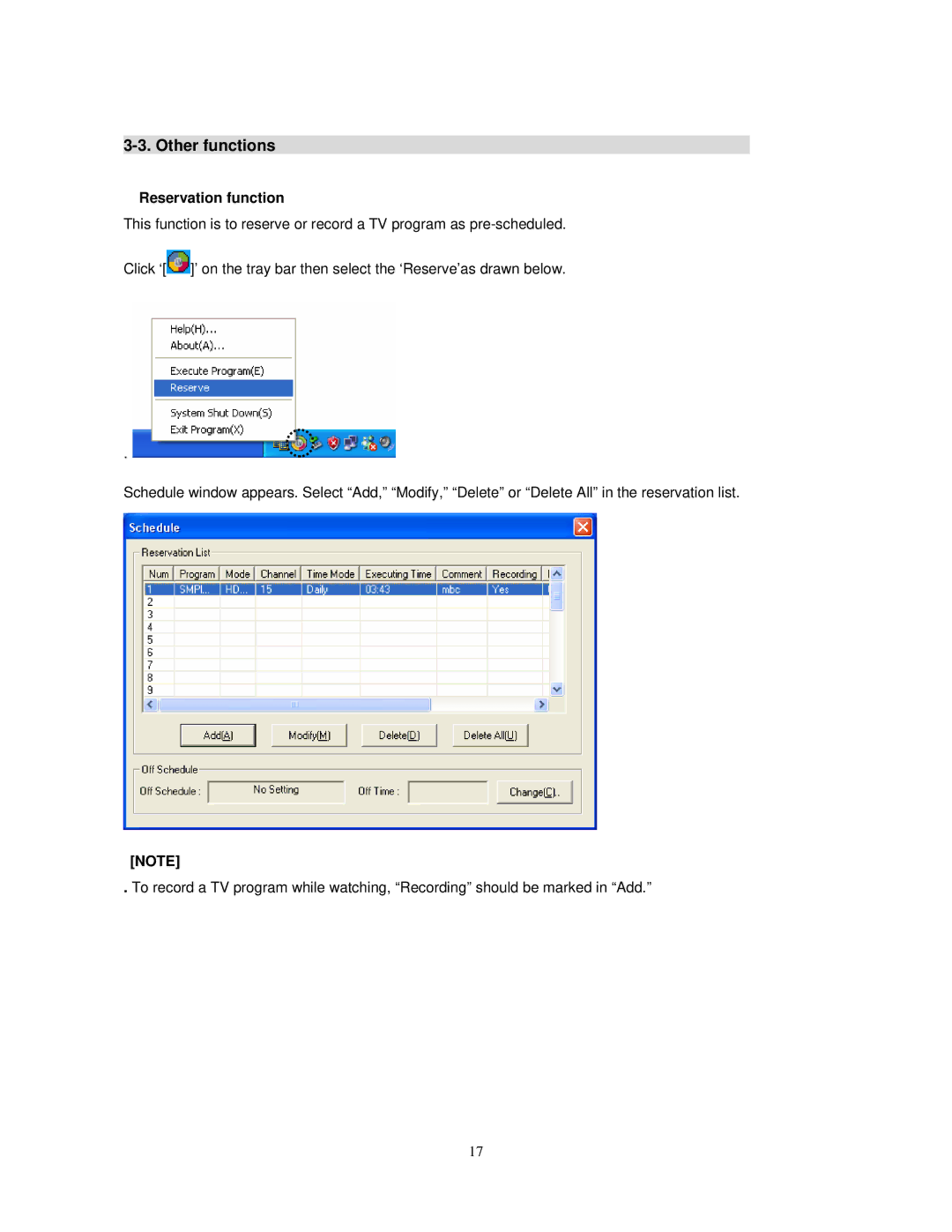 Sigma HDTV5 user manual Other functions, Reservation function 