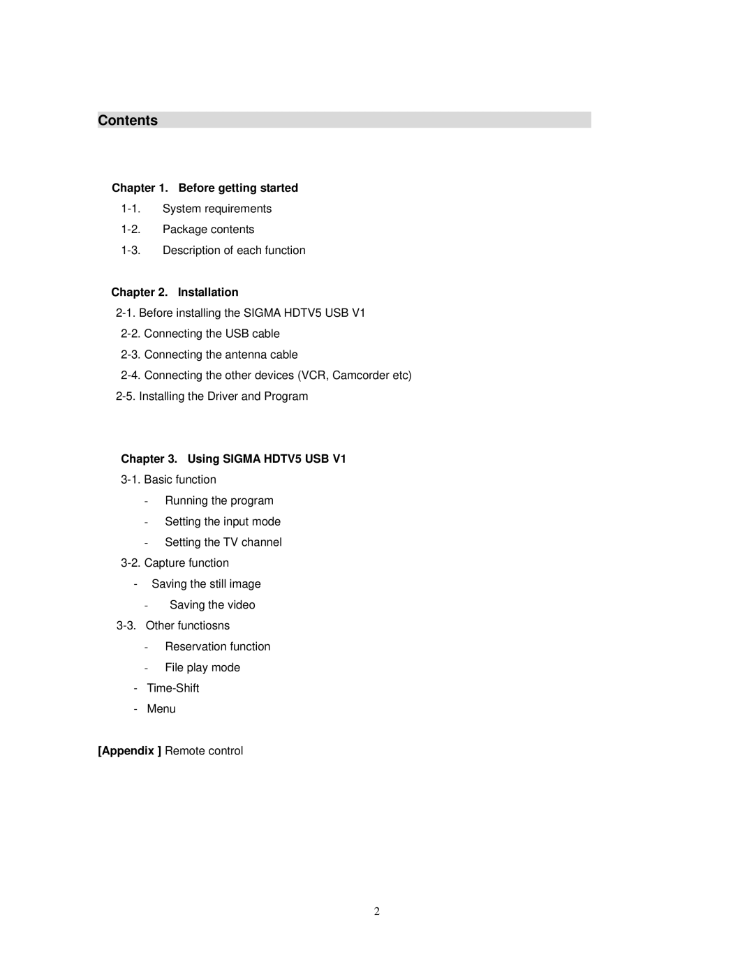 Sigma HDTV5 user manual Contents 