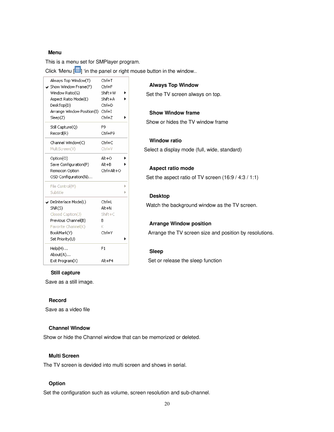 Sigma HDTV5 Menu, Always Top Window, Show Window frame, Window ratio, Aspect ratio mode, Desktop, Arrange Window position 