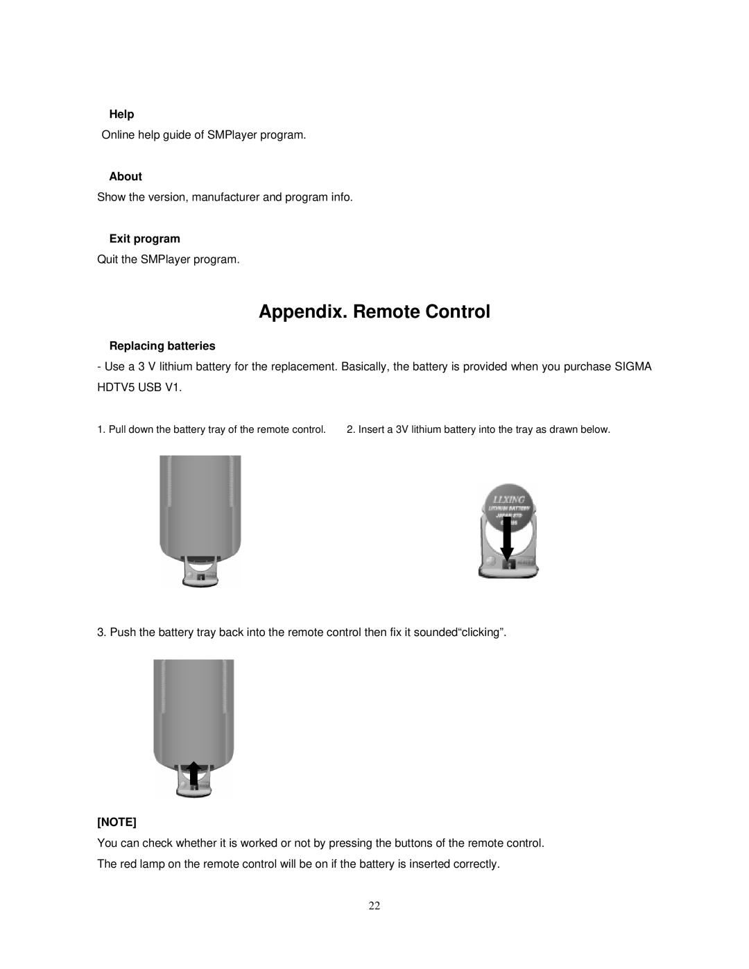 Sigma HDTV5 user manual Help, About, Exit program, Replacing batteries 