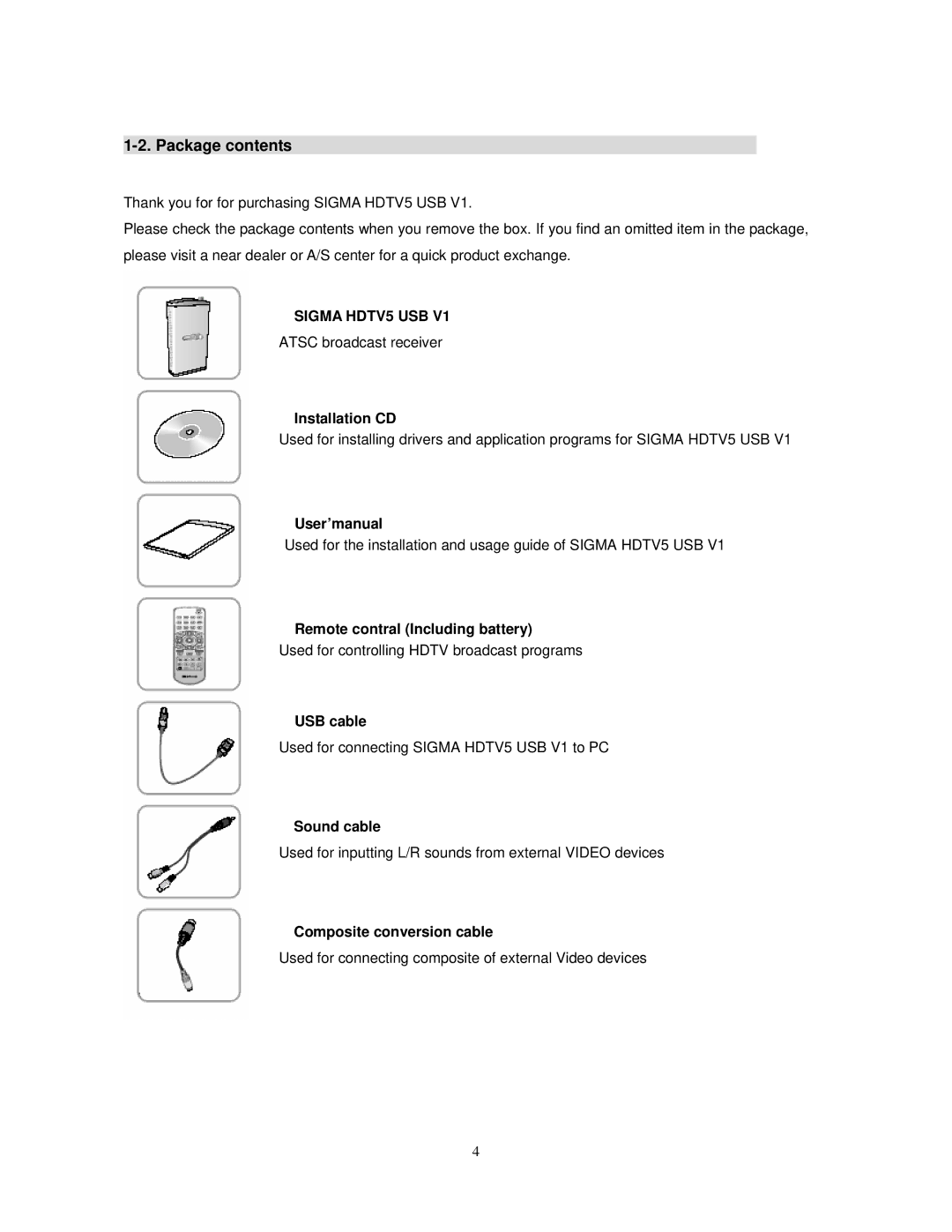 Sigma HDTV5 user manual Package contents 