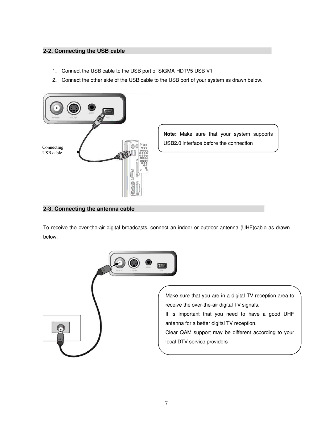 Sigma HDTV5 user manual Connecting the USB cable, Connecting the antenna cable 