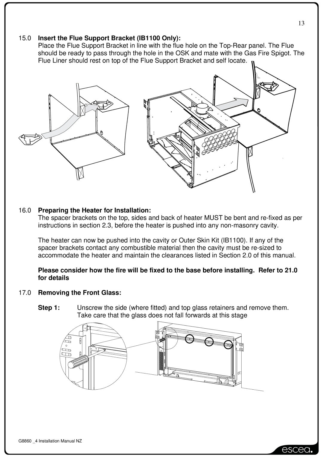 Sigma IB850, IB600 installation manual Insert the Flue Support Bracket IB1100 Only, Preparing the Heater for Installation 