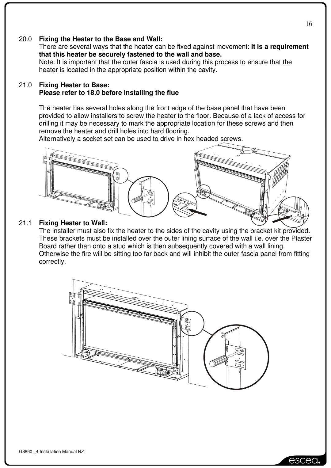 Sigma IB850, IB600, IB1100 installation manual Fixing the Heater to the Base and Wall 