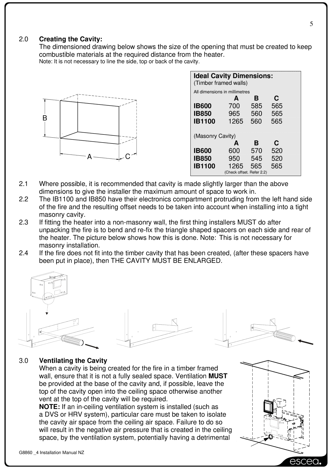 Sigma IB1100 installation manual Creating the Cavity, Ideal Cavity Dimensions, IB600, IB850, Ventilating the Cavity 