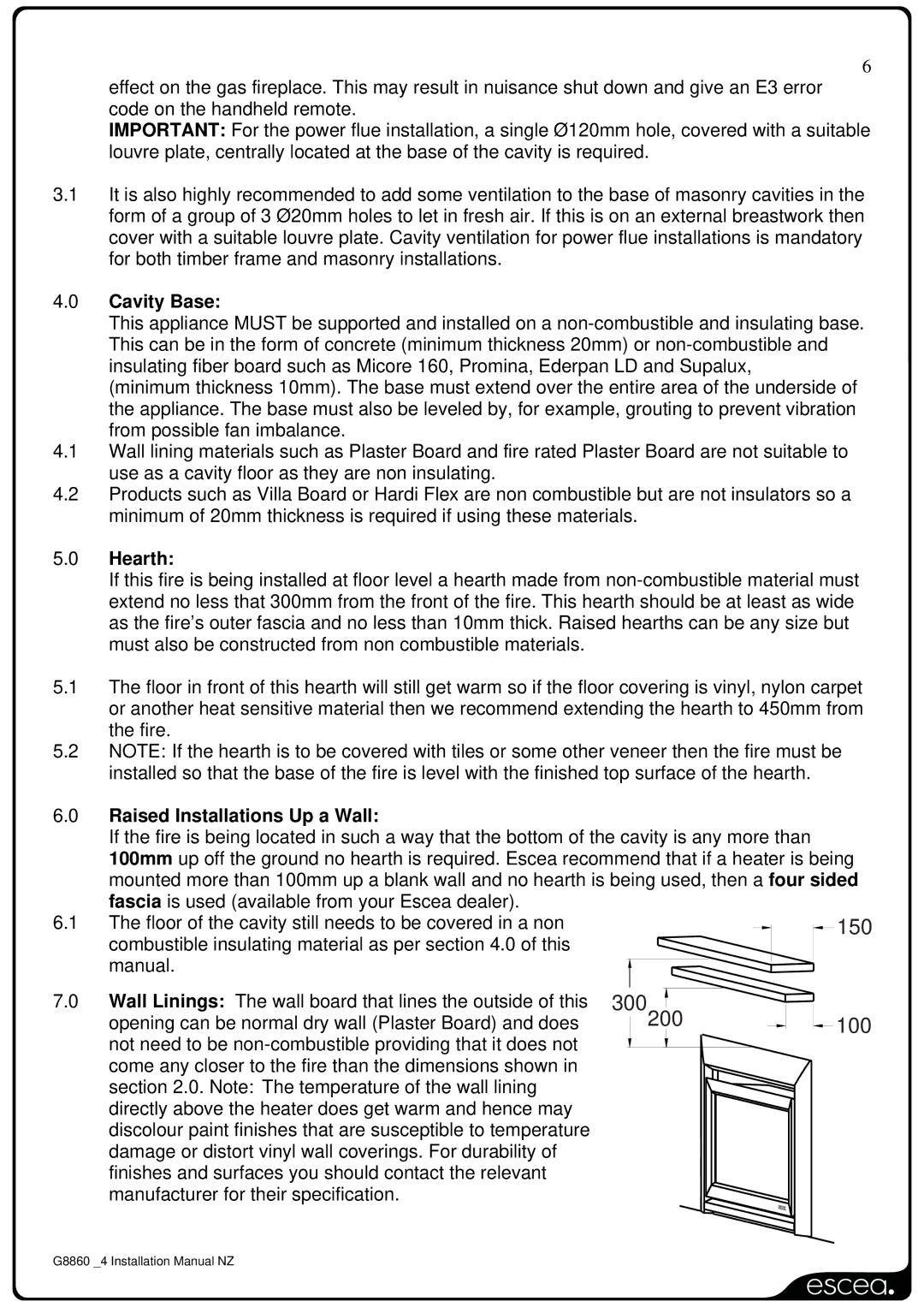 Sigma IB600, IB850, IB1100 installation manual Cavity Base, Hearth, Raised Installations Up a Wall 