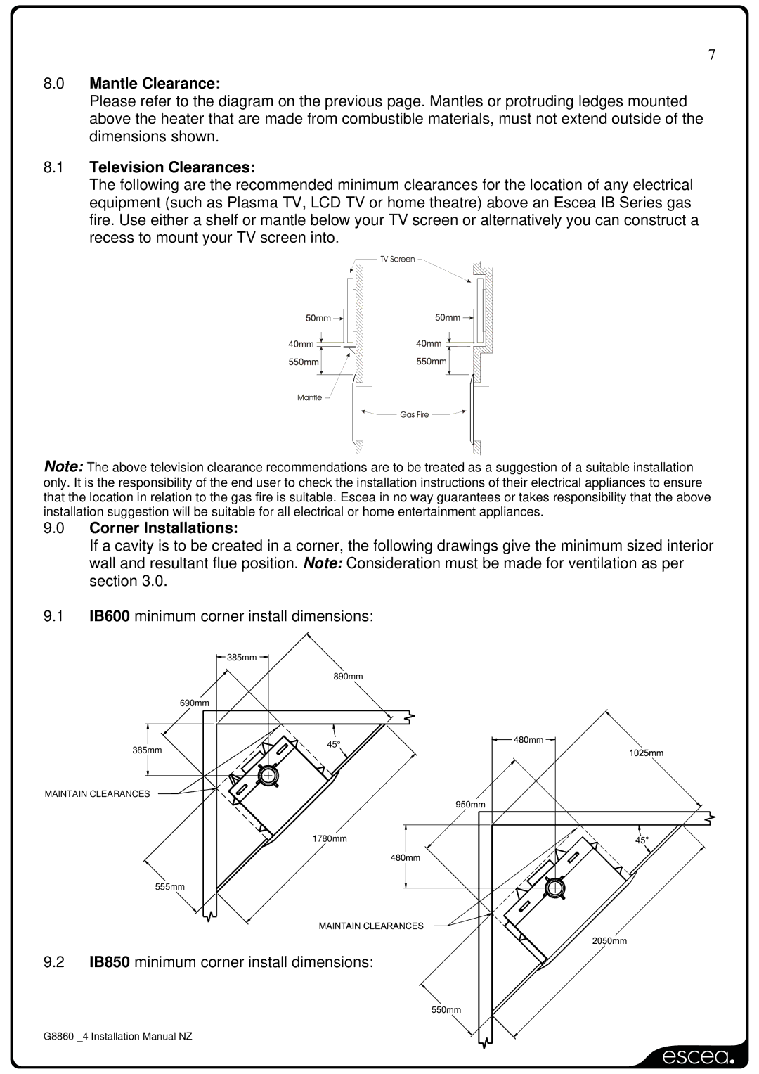 Sigma IB850, IB600, IB1100 installation manual Mantle Clearance, Television Clearances, Corner Installations 