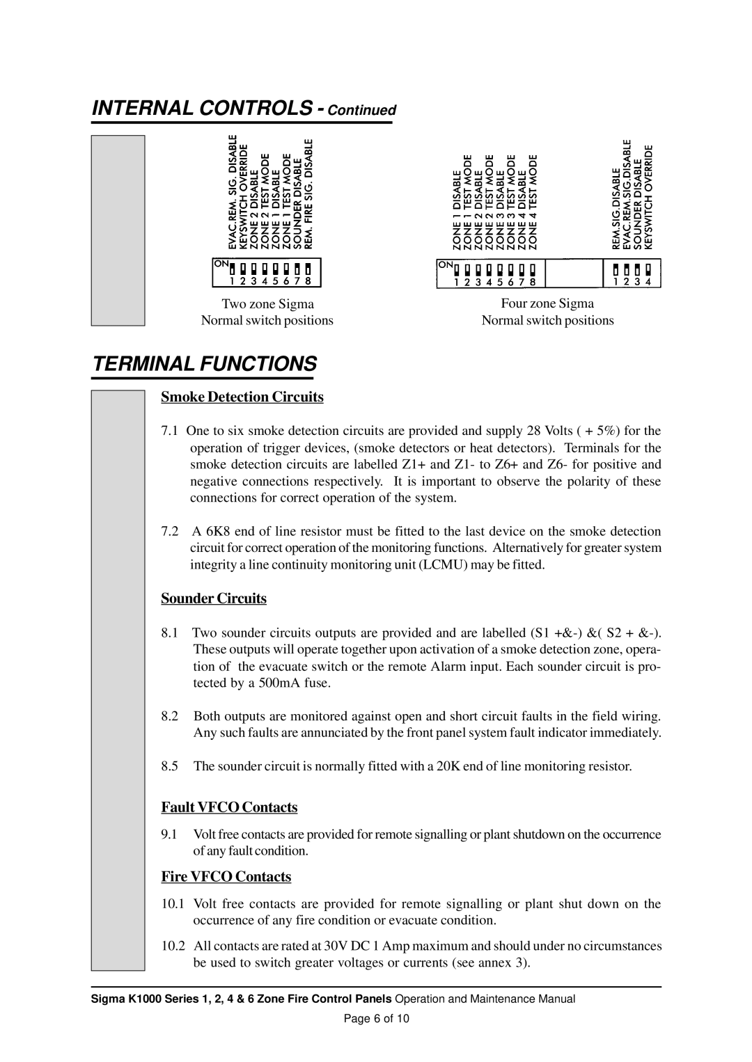 Sigma K1000 manual Internal Controls, Terminal Functions 